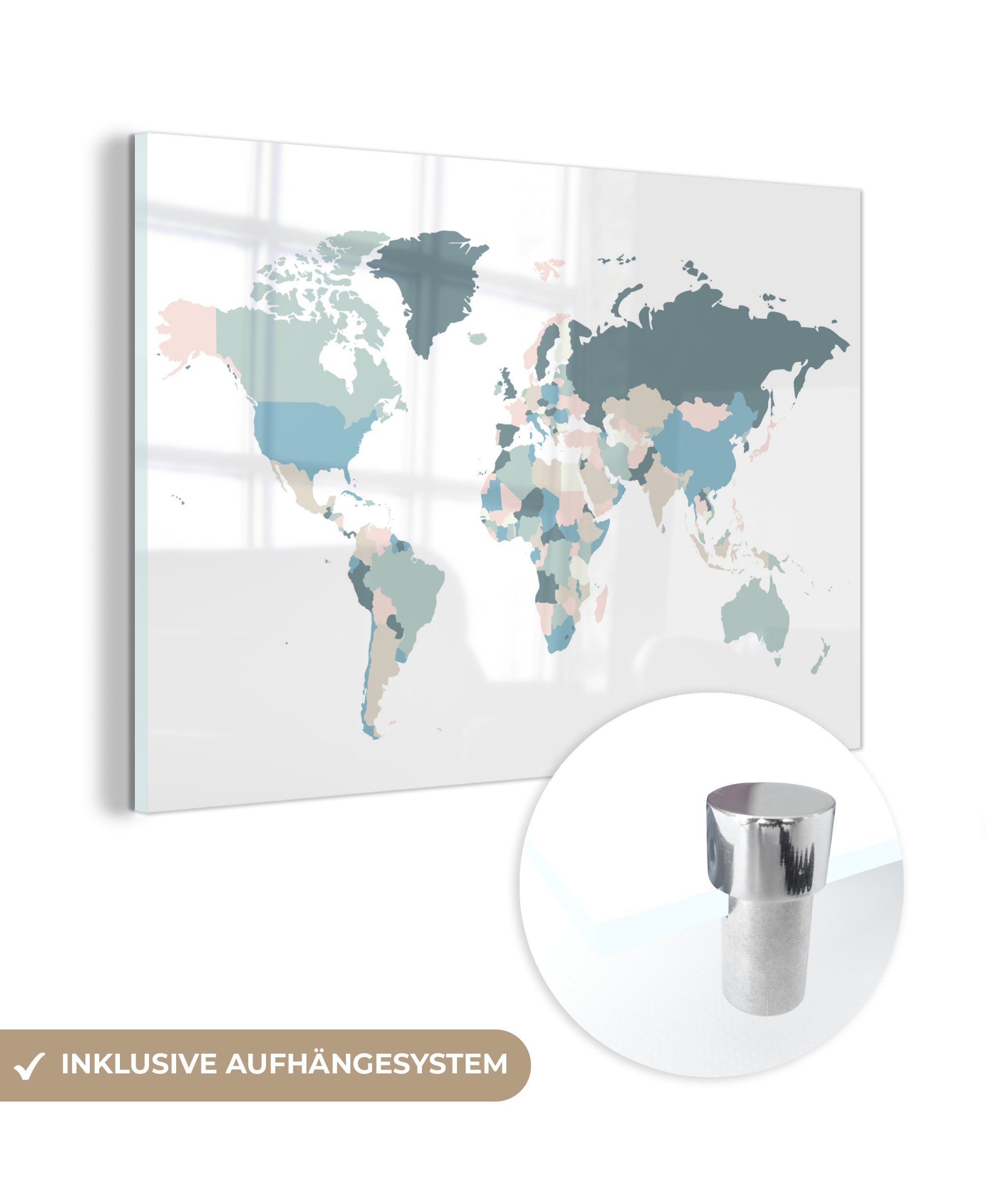 MuchoWow Acrylglasbild Weltkarte - Einfach - (1 Wanddekoration St), Wandbild - Glas auf - Glas auf - Pastell, Bilder Glasbilder Foto