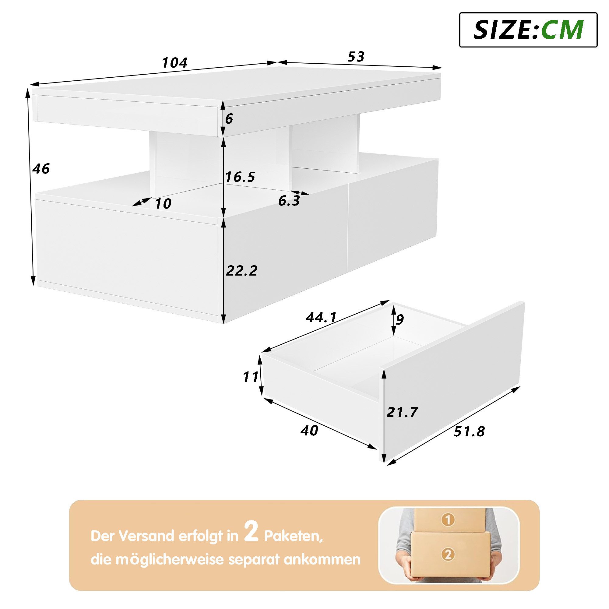 Furnishings Home Couchtisch Schreibtisch Beistelltisch LED (Hochglänzender quadratischer, 104x53x46 cm), Mit Schubladen und 16-farbigen variablen LED-Leuchten