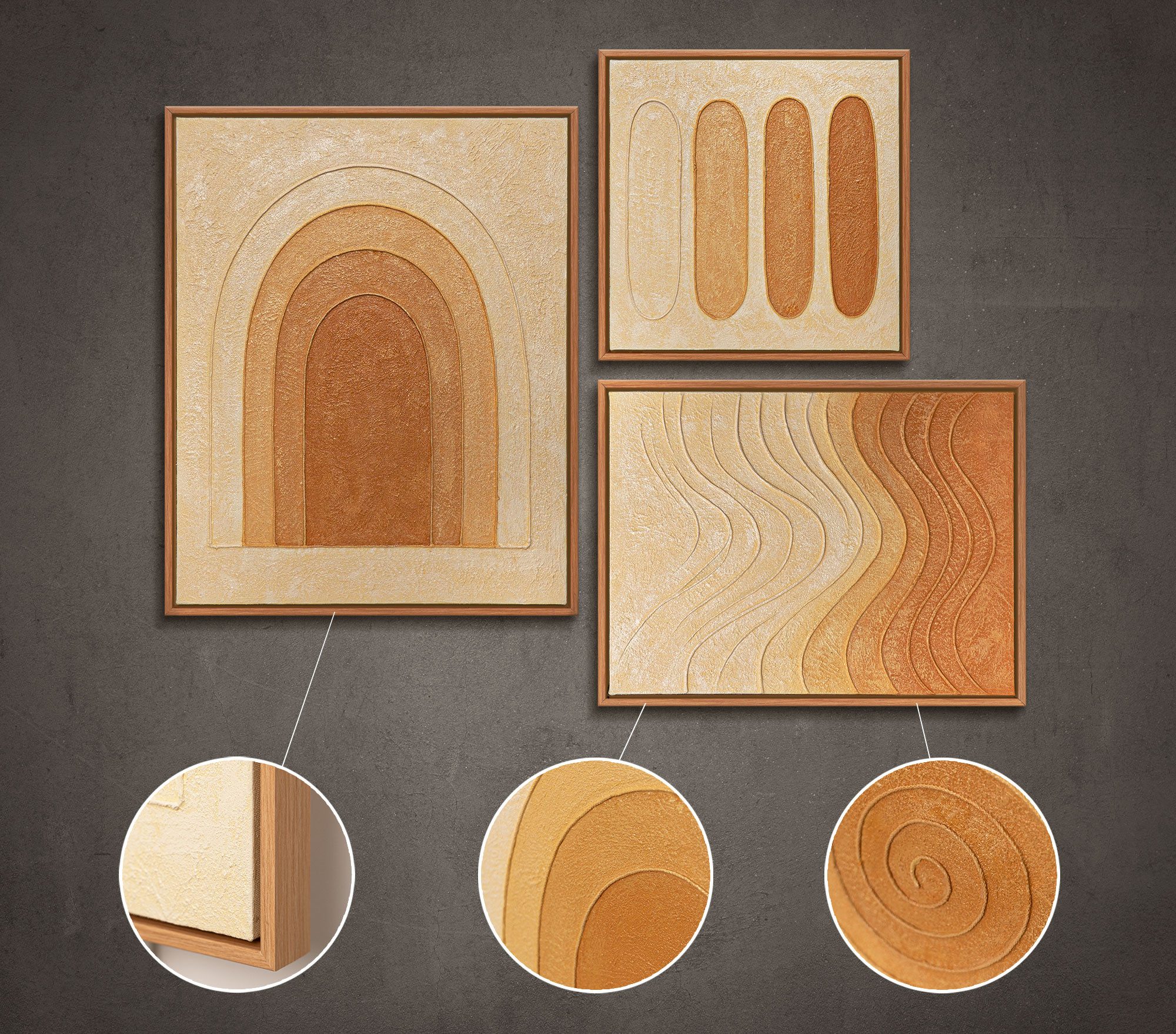 YS-Art Gemälde "Lied der Wüste", Geometrische Formen (Set, 3 St), Bilder Set mit Rahmen – Leinwandbilder Set Abstrakt handgemacht
