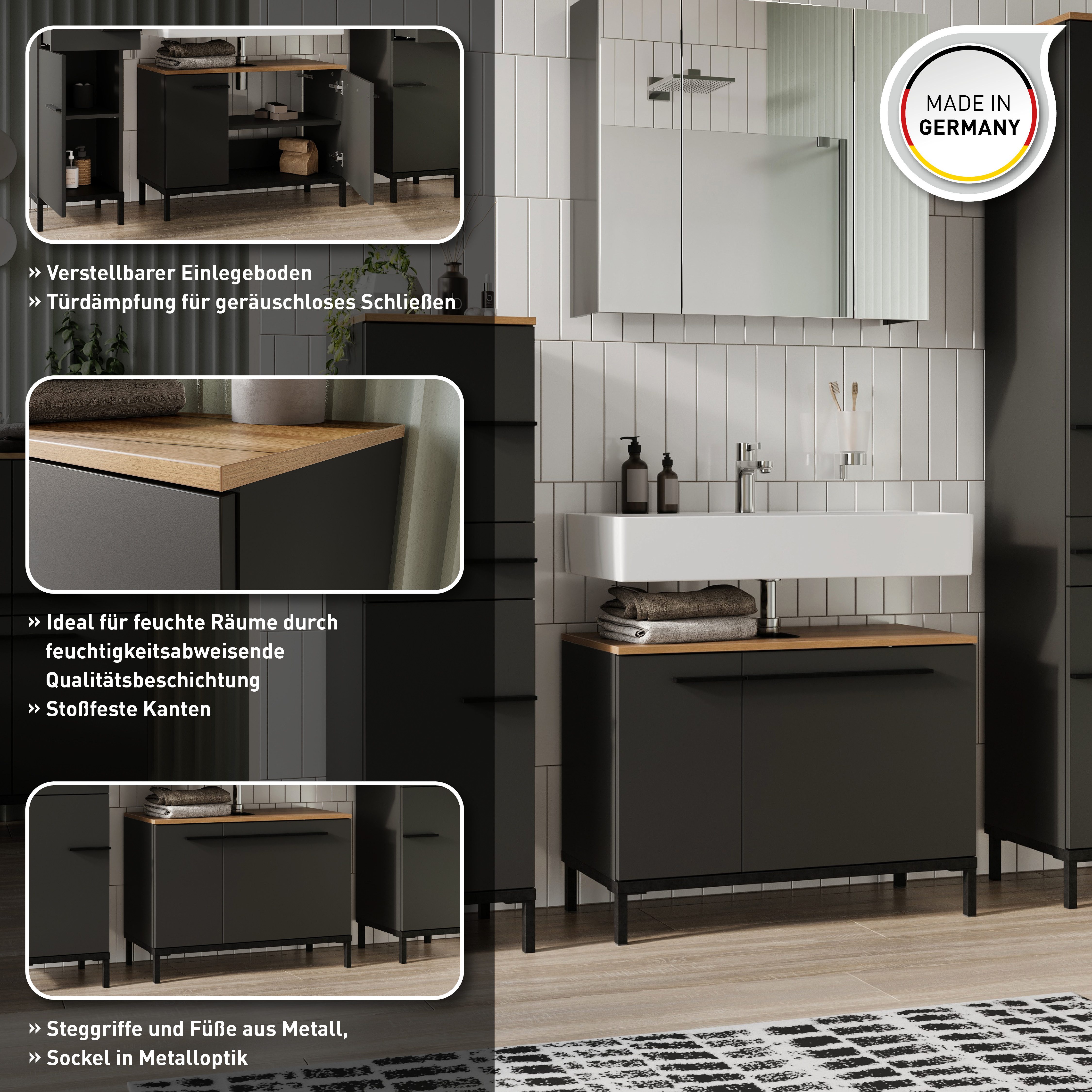 GERMANIA Waschbeckenunterschrank Yonkers Hochwertige ABS-Kanten, Griffe & hohe Füße aus Metall, Breite 80 cm