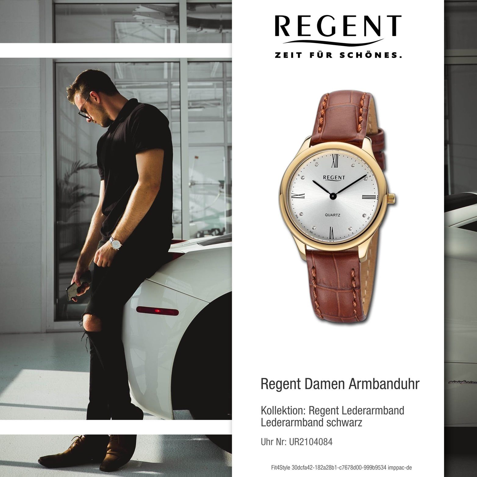 33mm) Damen Armbanduhr Regent Regent schwarz, groß extra rundes Gehäuse, Quarzuhr Analog, Damenuhr Lederarmband (ca.