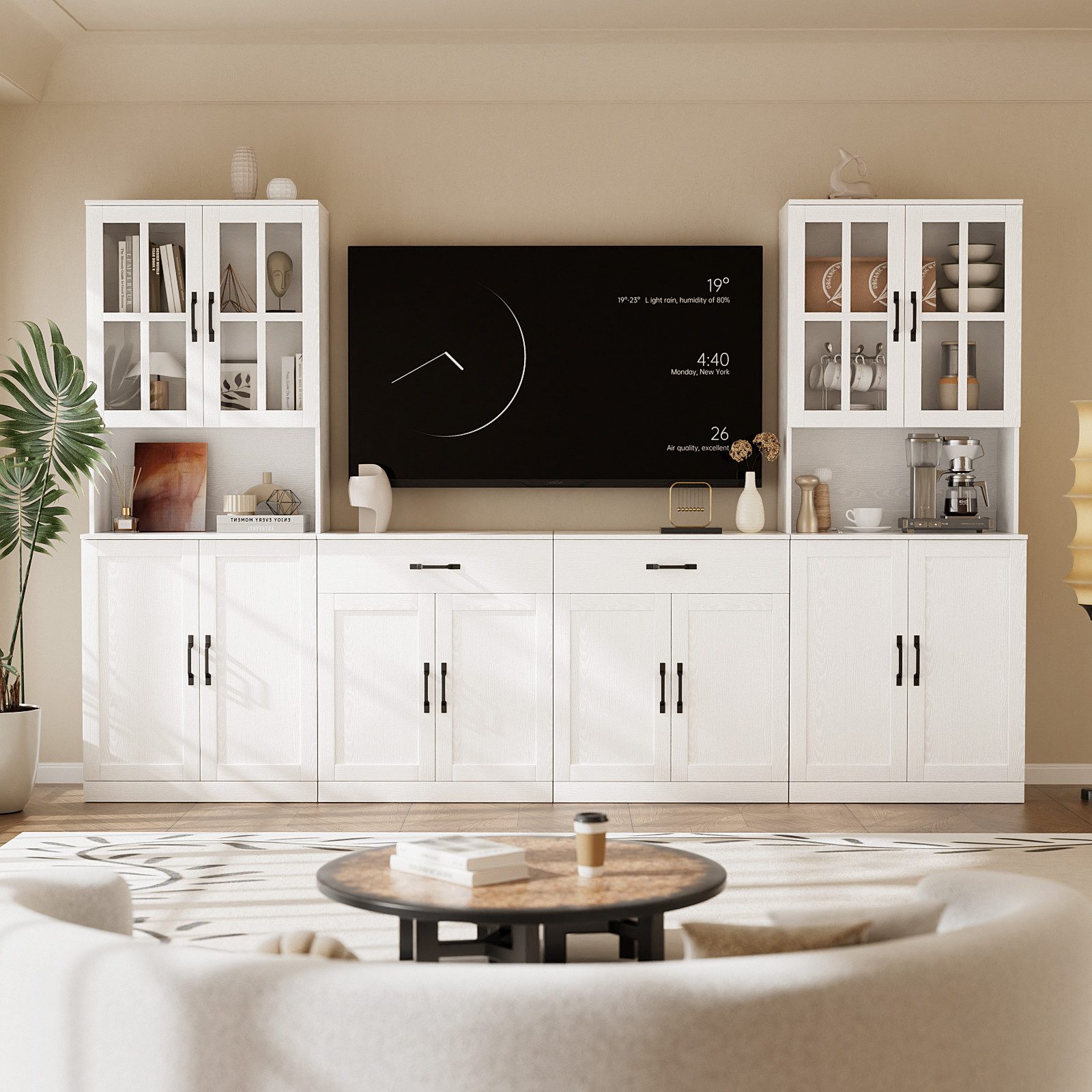 VOWNER TV-Schrank modularer Wohnwand-Set mit Glastüren und Bücherregalen (4-St) Sideboard, passend für Fernseher bis 50 Zoll, 240x180x40 cm
