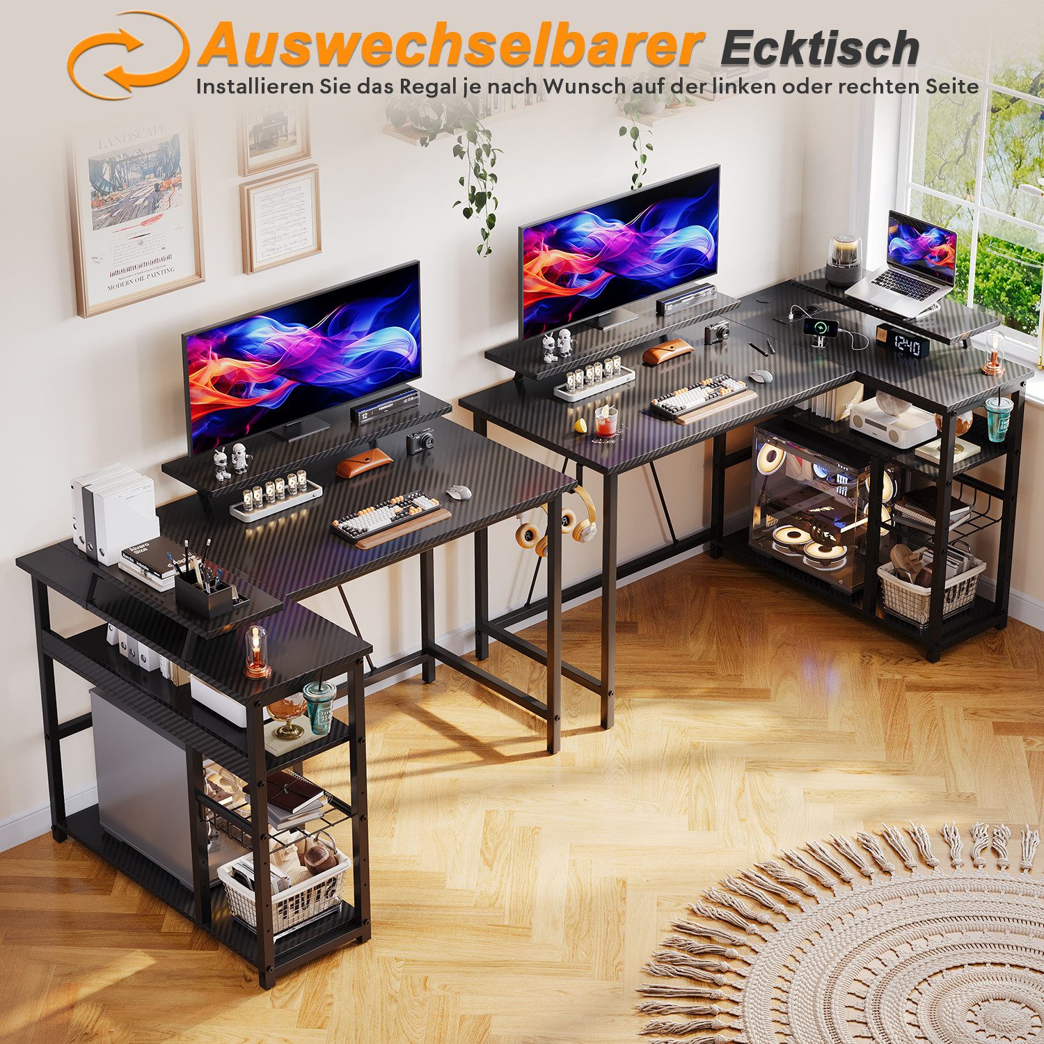 Furnicopia Eckschreibtisch L-förmiger Gaming-Schreibtisch mit Stauraum, Steckdosen und LED (120/140 cm großer Schreibtisch mit zwei Monitorhalterungen, zwei Ablagen, einer verstellbaren Ablage, einem Becherhalter und einem Kopfhörerhalter)
