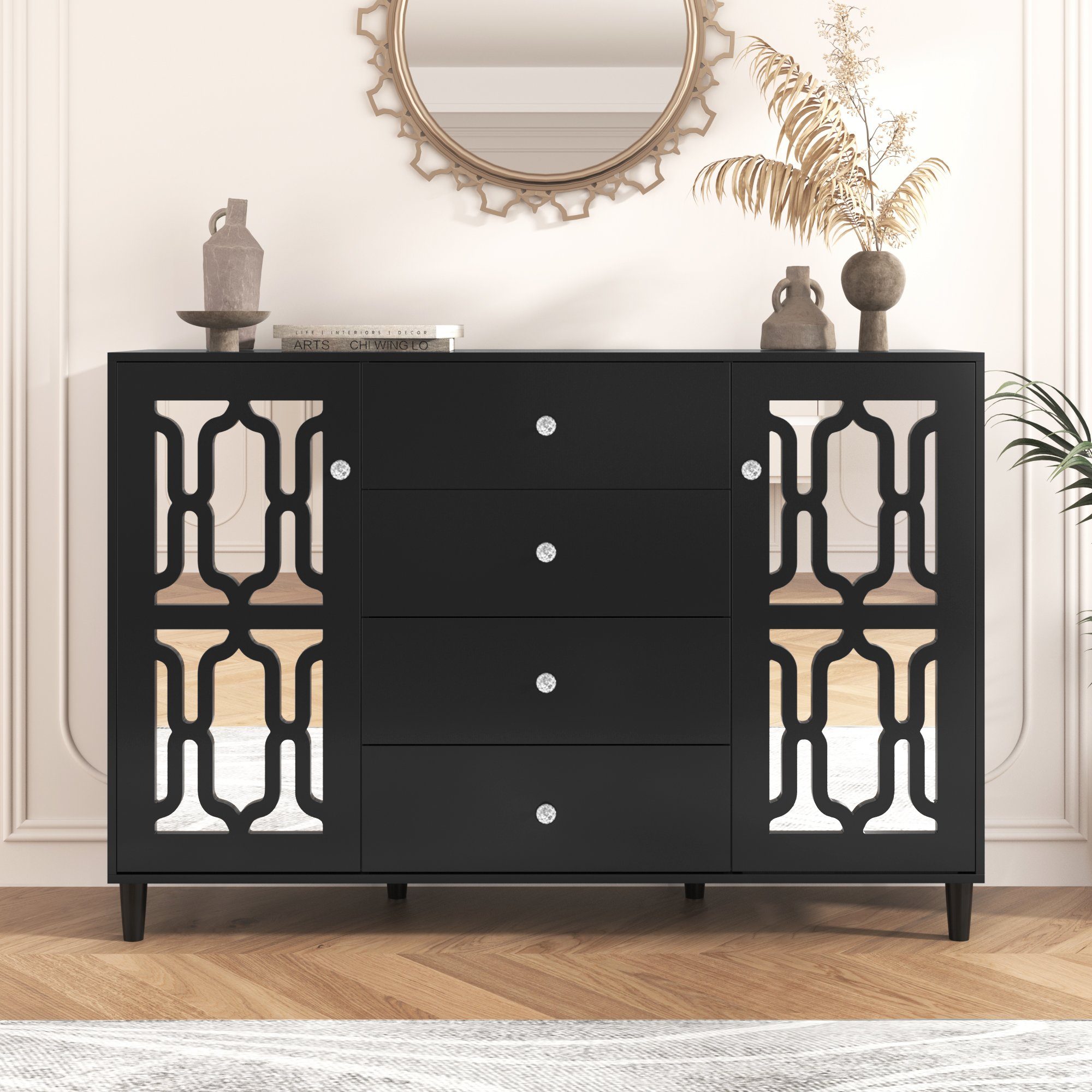 Flieks Sideboard (1 St), Kommode Wohnzimmer mit 2 Spiegeltür und 4 Schubladen Schrank Anrichte Schwarz