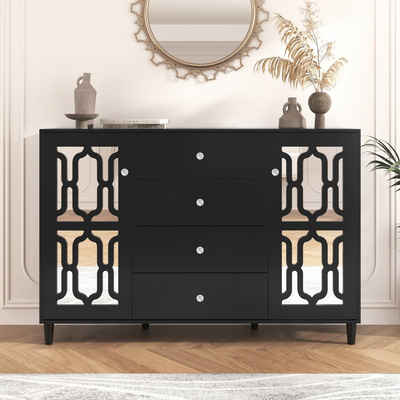 Flieks Sideboard (1 St), Kommode Wohnzimmer mit 2 Spiegeltür und 4 Schubladen Schrank Anrichte