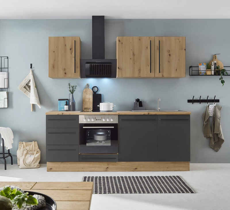 Kochstation Küchenzeile KS-Florida mit 38mm starker Arbeitsplatte, Breite 220 cm, wahlweise mit E-Geräten, Soft-Close-Funktion