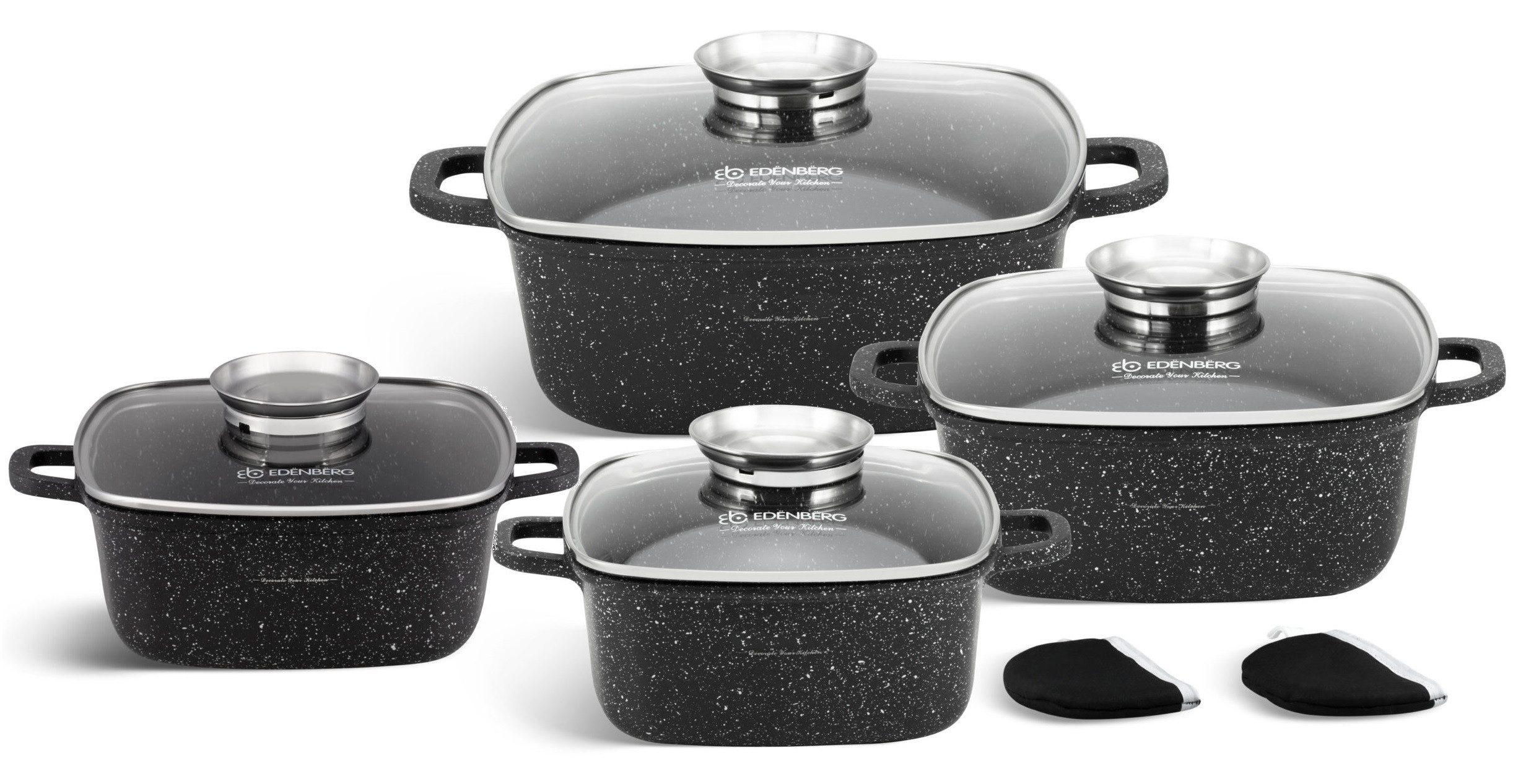 KlönBerg Topf-Set Quadratische Töpfe in 4 verschiedenen Größen, Bräter, Backtopf, Aluminiumguss, Aluminium, Keramik, Edelstahl (Passt in jede Küche! (2.3L / 2.7L / 4.0L / 4.5L), 8-tlg., Es ist eine perfekte Geschenkidee für jeden Anlass), Innovative Aroma