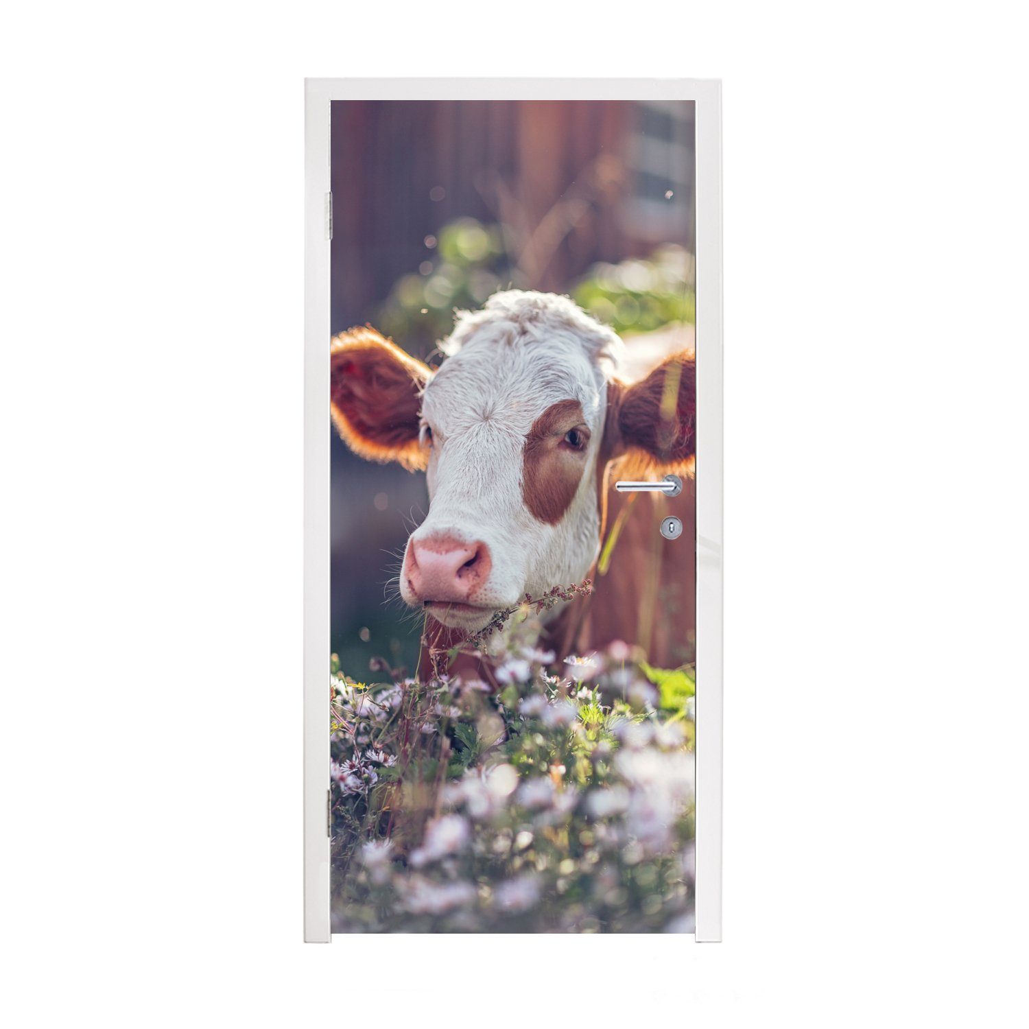 MuchoWow Türtapete Kuh - Blumen - Licht, Matt, bedruckt, (1 St), Fototapete für Tür, Türaufkleber, 75x205 cm