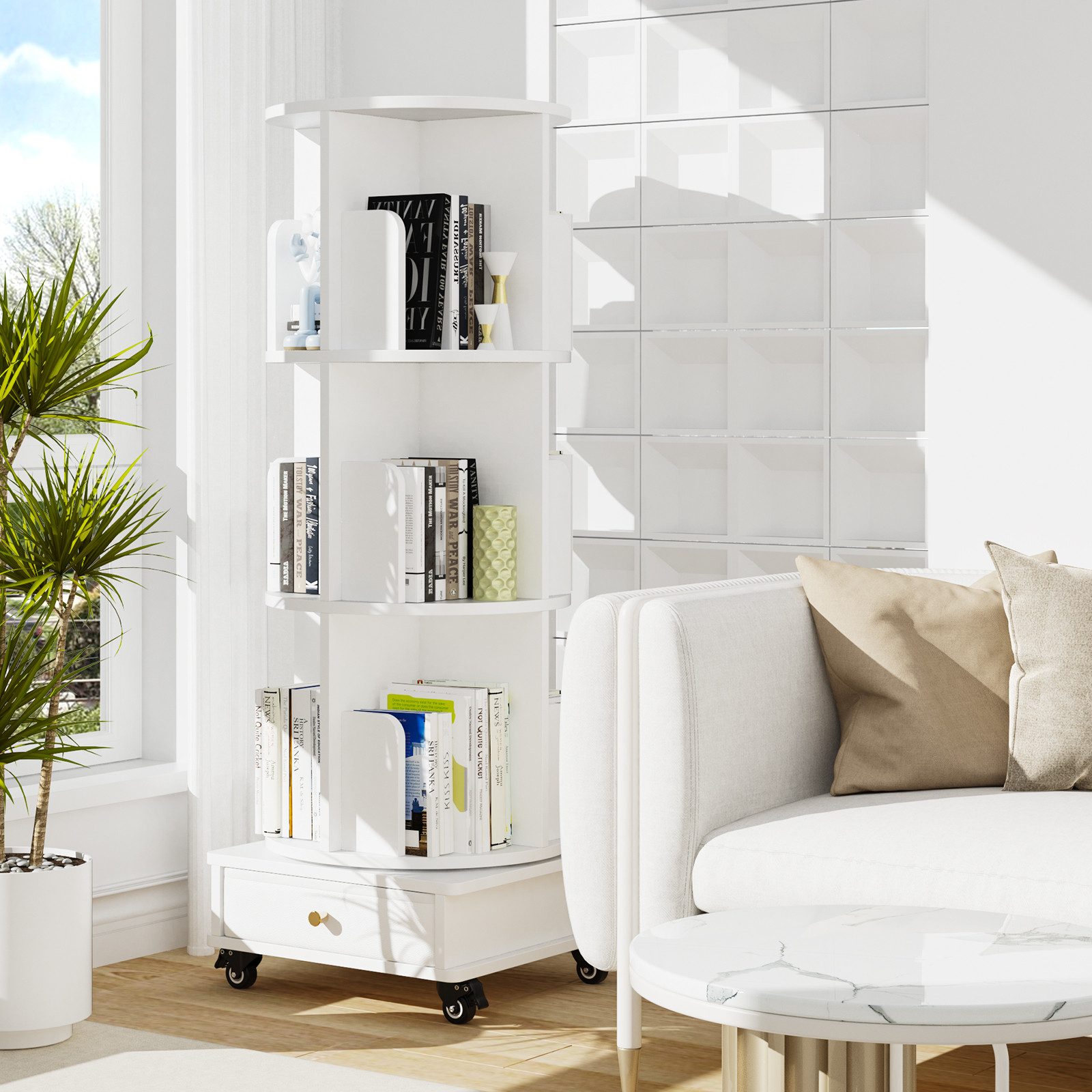 JEOBEST Bücherregal Drehbare Bücherregal, Standregal mit Schubladen, 1-tlg., 360° Rotating Bookshelf, mit Rollen – Bild 5 von 5