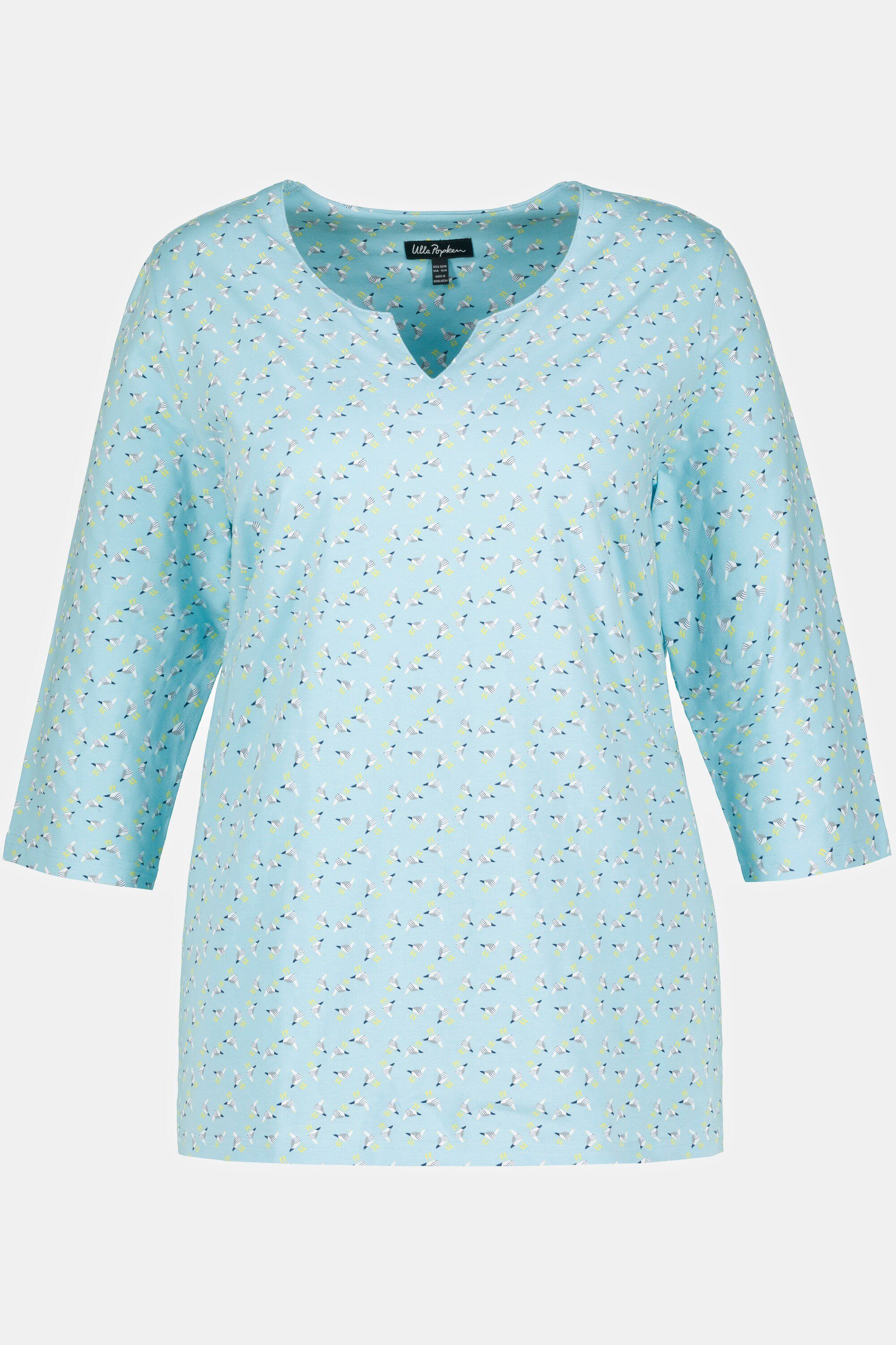 Ulla Popken Rundhalsshirt Shirt A-Linie Tunika-Ausschnitt hellblau Möwen 3/4-Arm
