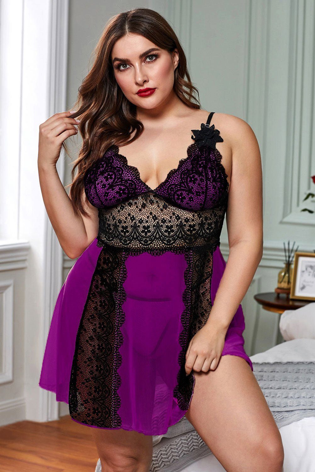 Organza Lingerie Negligé (Negligé + String) Plus Size mit toller Passform und Spitzendetails, sexy Dessous | Negligés