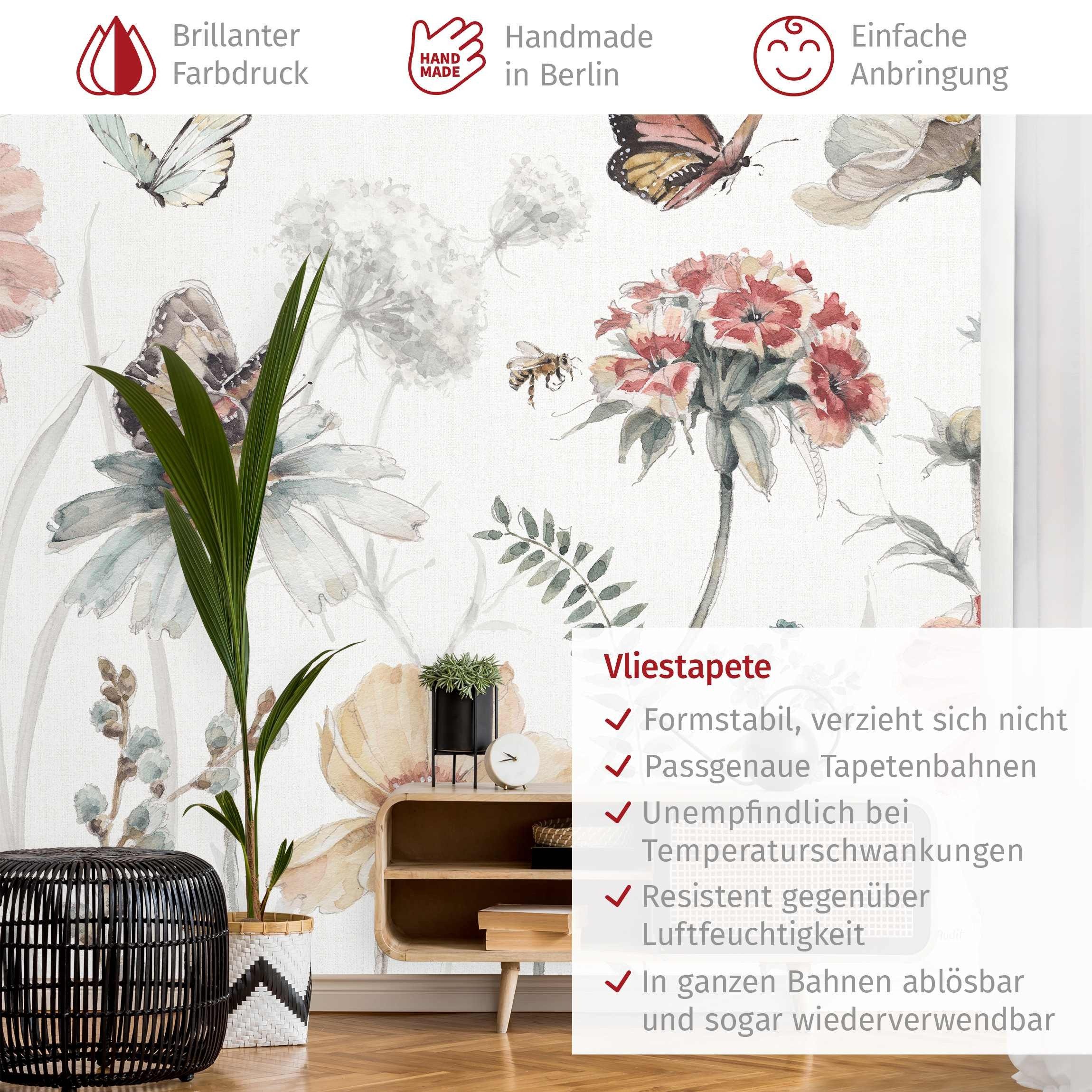 Bilderdepot24 Fototapete Blumenwiese Schmetterling Aquarell Floral Kunst Tiere rosa modern, Glatt, Matt, (Vliestapete inkl. Kleister oder selbstklebend), Wohnzimmer Schlafzimmer Küche Flur Motivtapete Vliestapete Wandtapete