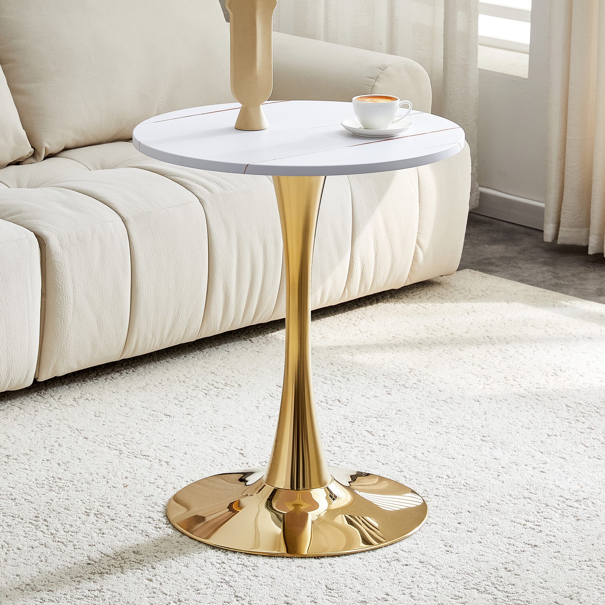 HAUSS SPOLE Couchtisch Runder Marmoroptik, Beistelltisch Sofatisch Goldener Wohnzimmertisch (Kaffetisch mit Großzügiger Beinfreiraum, Rutschfeste, schützende Füßchen), perfekt für europäische Wohnräume