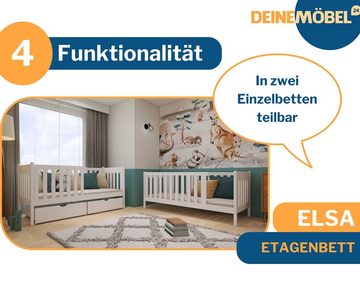 Deine Möbel 24 Etagenbett Hochbett ELSA für 2 Kinder 90x200 Weiß aus Massivholz (mit extrem hohen Rausfallschutz Gitter Matratzen optional, Kinderbett mit Lattenrost, 2 Schubalden, Rausfallschutz und Leiter), in 2 Betten umbaubar, aus Vollholz Kiefernholz