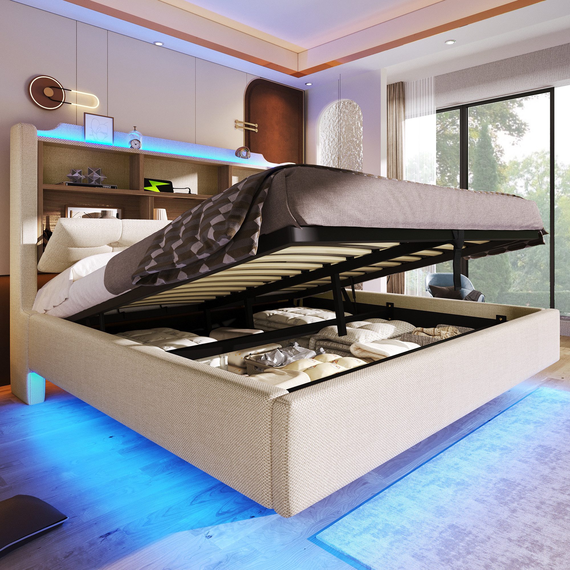 Merax Polsterbett 140×200cm mit LED-Lichtleiste und USB- & Typ-C-Anschlüssen (mti hochwertigem Leinenbezug, 1-tlg., Jugendbett Stauraumbett Mehrzweckbett mit schwebendem Design), Doppelbett mit hydraulischem Stauraum & klappbarem Kopfteilfach,Leinen