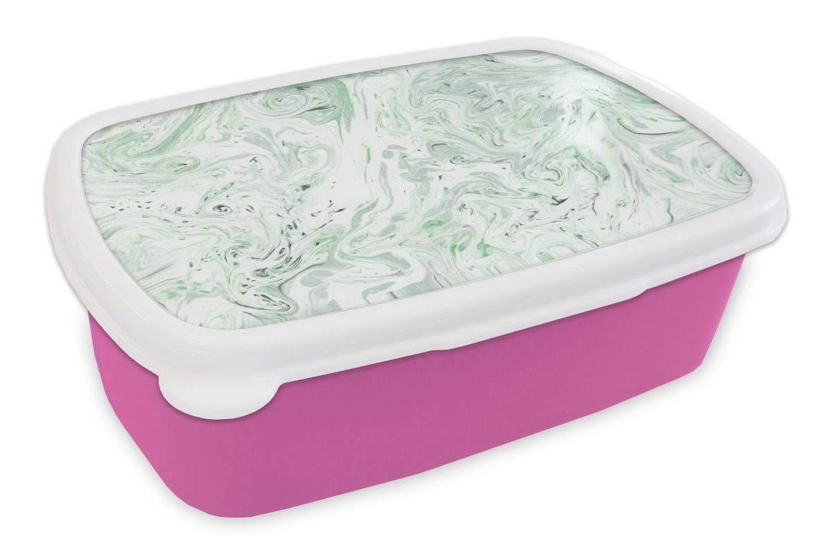 MuchoWow Lunchbox Marmor - Grün - Linie, Kunststoff, (2-tlg), Brotbox für Erwachsene, Brotdose Kinder, Snackbox, Mädchen, Kunststoff rosa