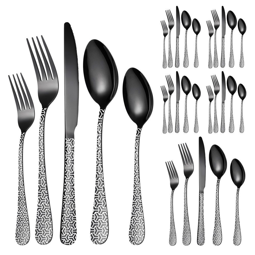 KingLux Besteck-Set 30teiliges Edelstahl Besteckset Schwarz für 6 Personen mit Karomuster (30-tlg), 6 Personen, Edelstahl
