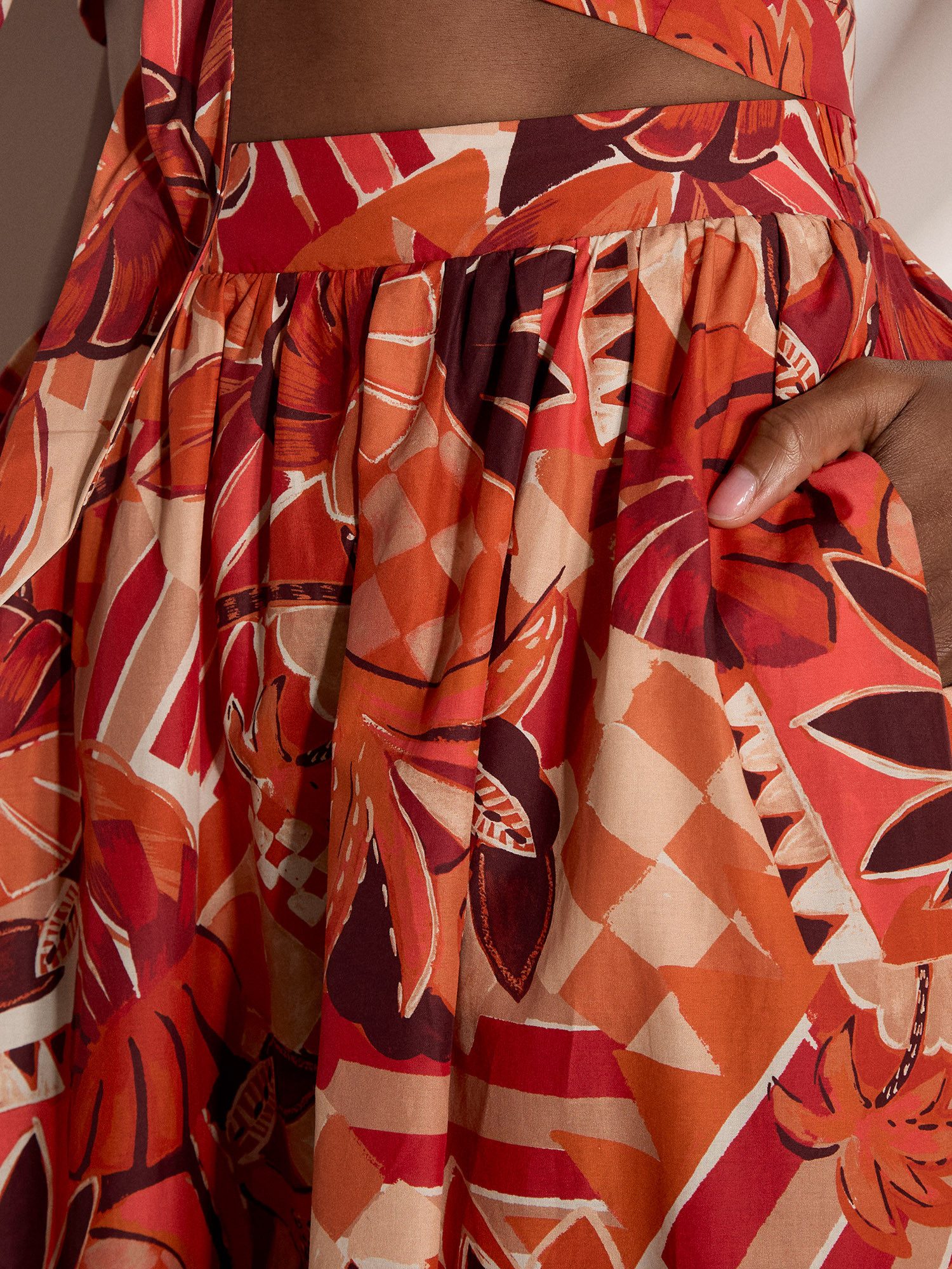 Apricot Midirock Midirock mit tropischem Blatt-Patchwork und elastischem Bund