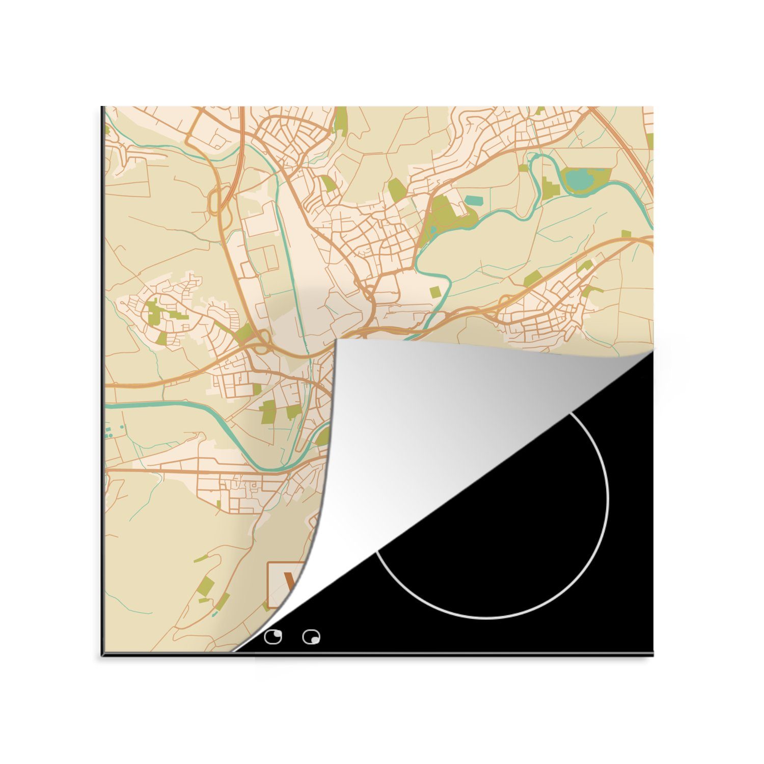 Vinyl, Ceranfeldabdeckung, - für 78x78 Herdblende-/Abdeckplatte (1 tlg), MuchoWow Wetzlar cm, - Stadtplan, Arbeitsplatte Karte Vintage küche -