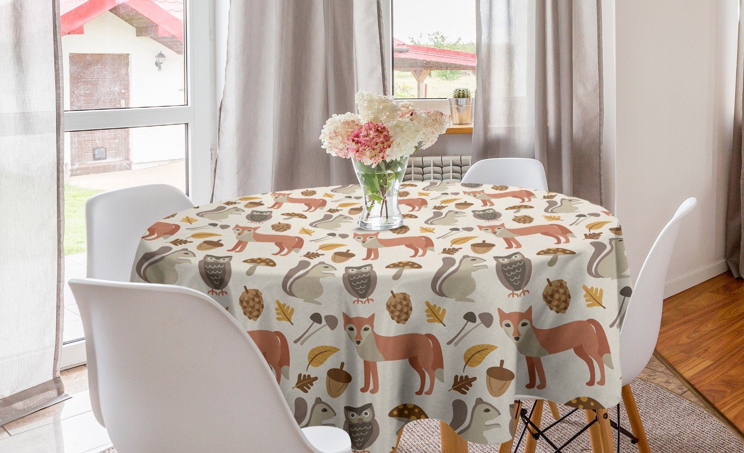 Abakuhaus Tischdecke Kreis Tischdecke Abdeckung für Esszimmer Küche Dekoration, Tier Autumn Forest Fox Owl Blatt | Tischdecken