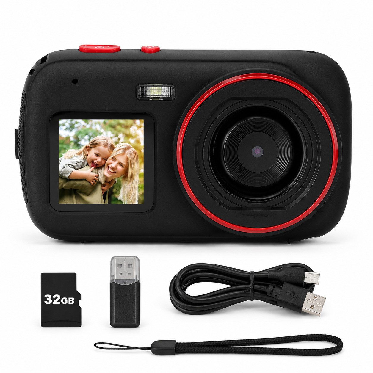Tekoo Kinderkamera Dual Display, 72MP Digitalkamera mit 32GB SD Karte Kompaktkamera (AF-Objektiv, 72 MP, 1x opt. Zoom, inkl. Inklusive 32GB Micro-SD Speicherkarte, Kartenlesegerät, USB-Kabel, MP3-Player-Funktion, Selfie-Display auf der Vorderseite)