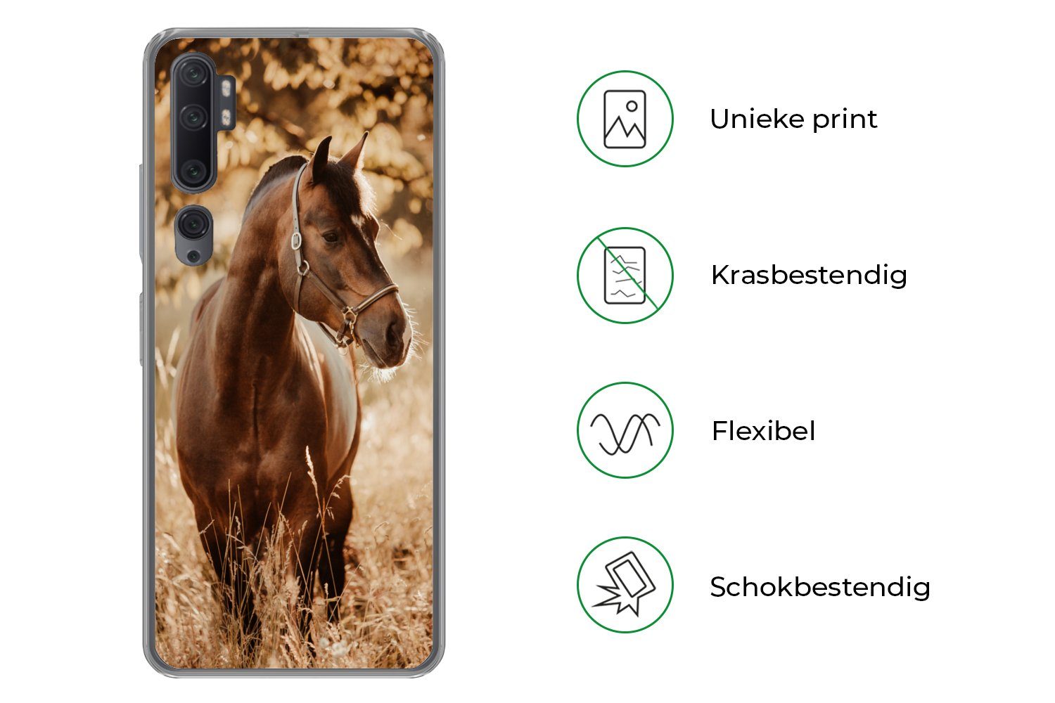 MuchoWow Handyhülle für Xiaomi Mi Note 10 Pro Pferd - Sonne - Porträt - Natur - Braun