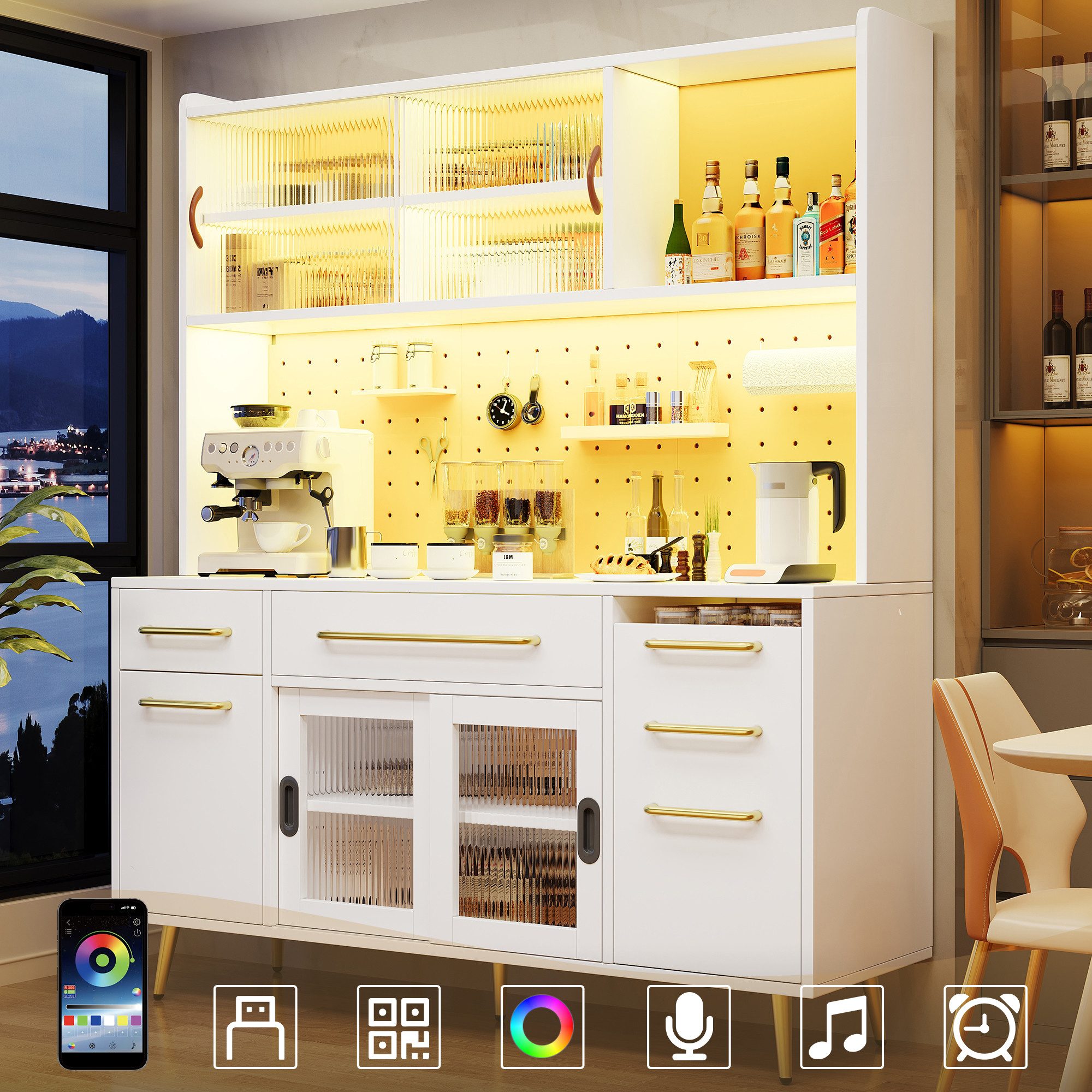 Flieks Küchenbuffet mit LED-Beleuchtung, Lochwandregalen, Glasschiebetüren und Schubladen (1-St) Hochschrank Küchenschrank Geschirrschrank mit verstellbarer Ablagen