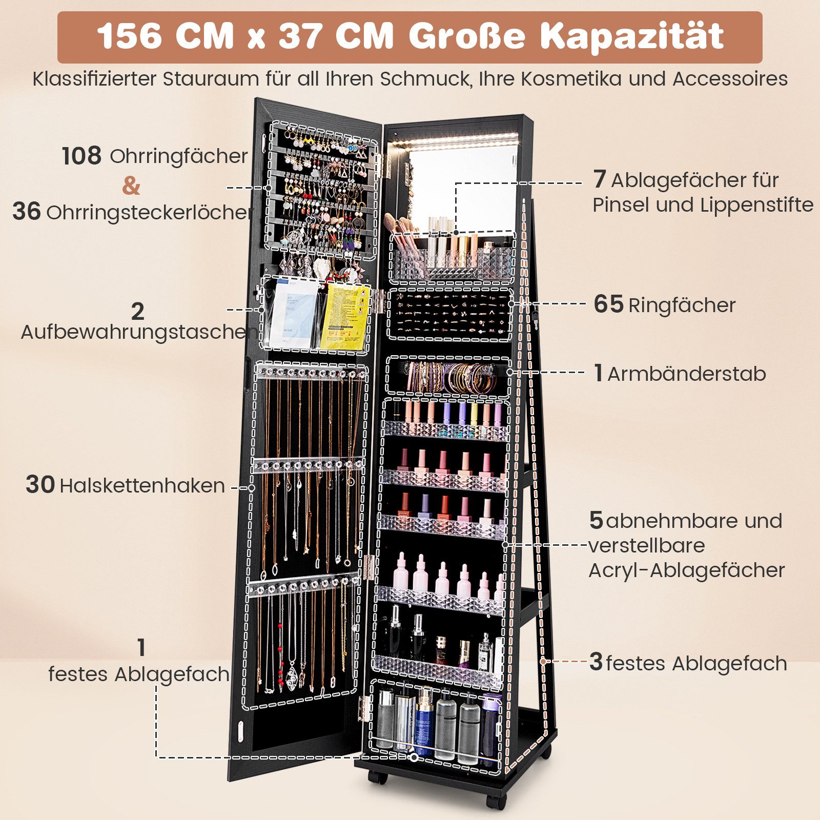 COSTWAY Schmuckschrank mit Spiegel & LED, auf Rollen, stehend, abschließbar