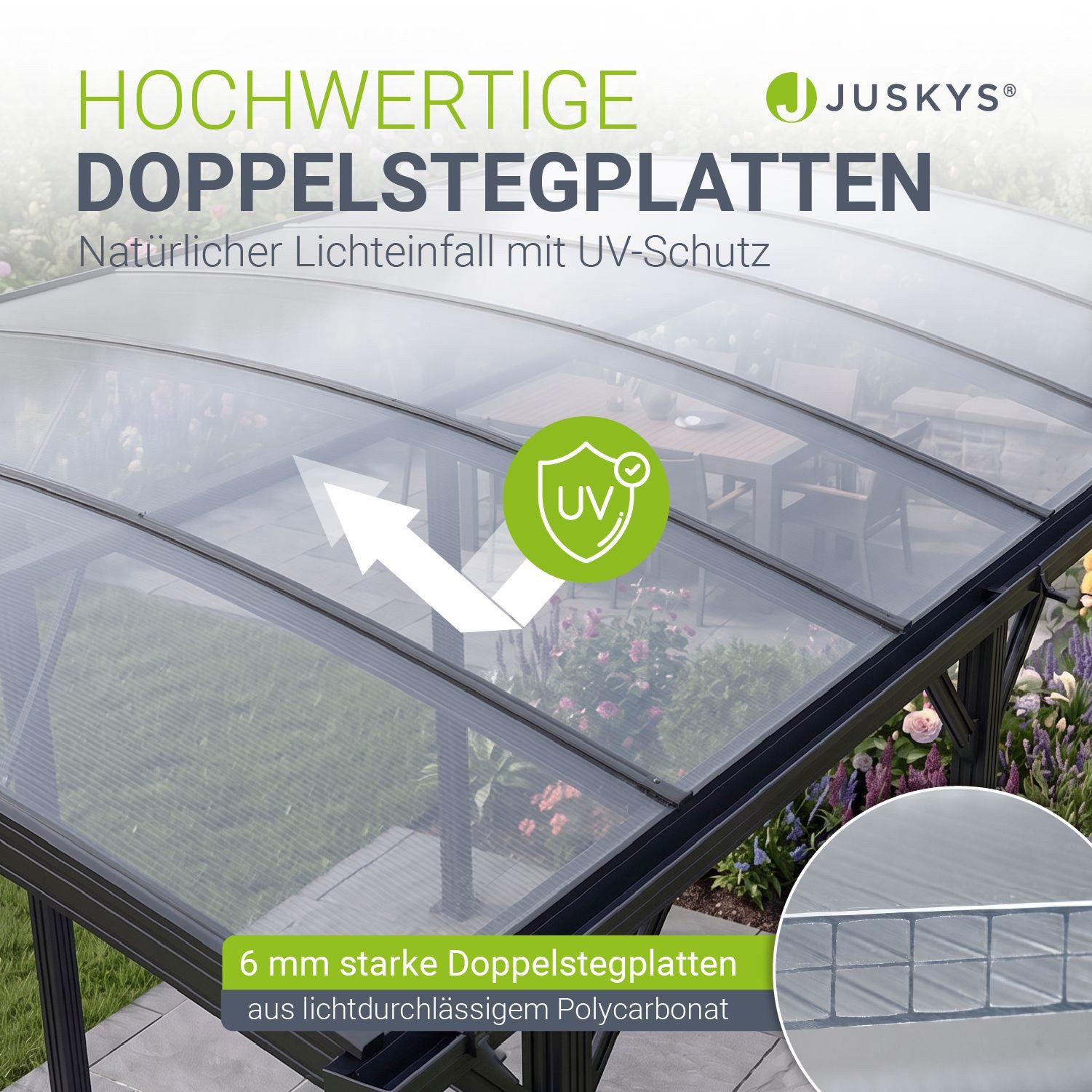 Juskys Einzelcarport Unterstand mit gebogenem Dach 5 x 3 m, BxT: 302x505 cm, 226 cm Einfahrtshöhe, Bogendach mit UV Schutz, hohe Wind und Schneelast – Bild 4 von 5