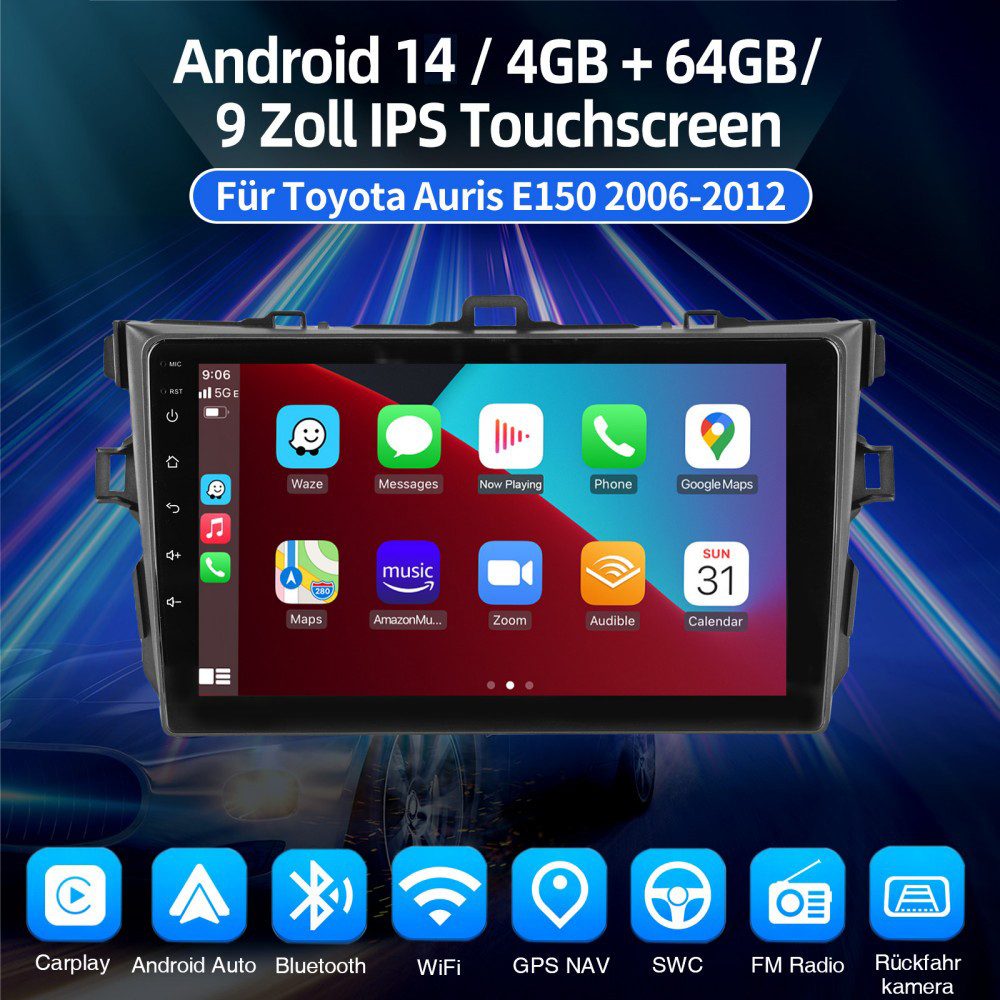 ESSGOO 64G DAB+ 9" Android 15 Für Toyota Auris 2006-2012 Carplay GPS WIFI BT Navigationsgerät (GPS Navi Apple Carplay & Android Auto,Bluetooth 4.1)