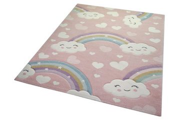 Kinderteppich Kinderteppich Regenbogen mit Wolken und Herzen in rosa, TeppichHome24, rechteckig, Höhe: 13 mm