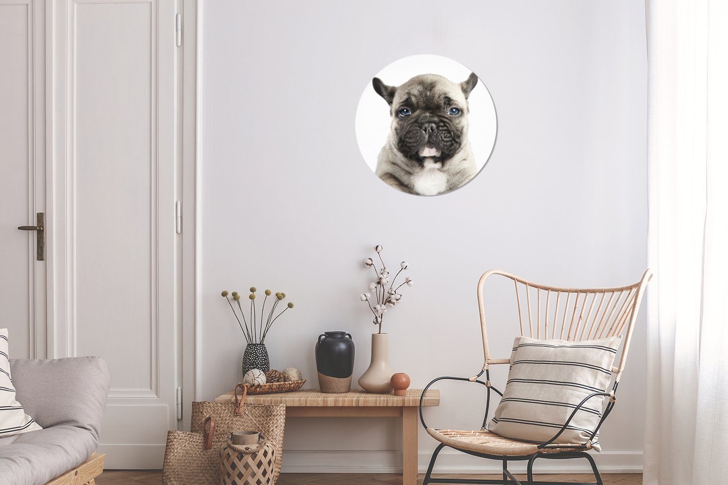 Bulldoggenwelpen, Wanddekoration französischen Gemälde Wohnzimmer, Porträt Forex, Wandbild, (1 MuchoWow Rundes cm St), eines Kreis 30x30