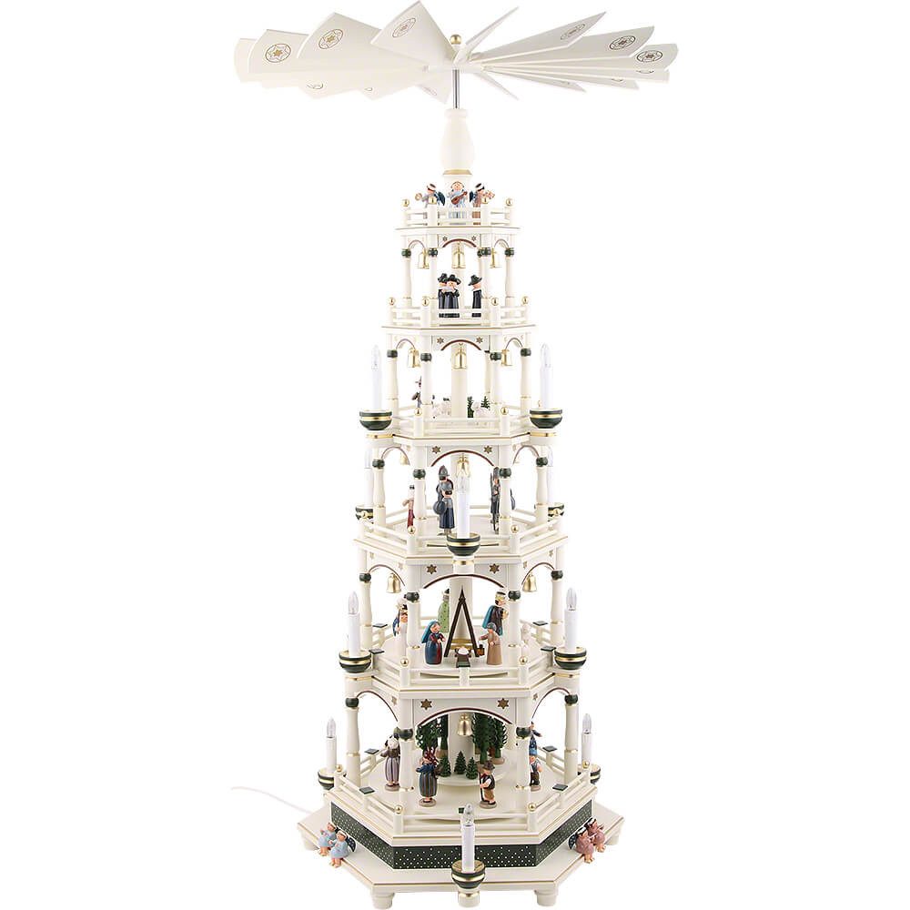 KWO Kunstgewerbe Werkstätten Weihnachtspyramide 6-stöckige Weihnachtspyramide weiß-grün, elektrisch - 106cm - 220V Mot