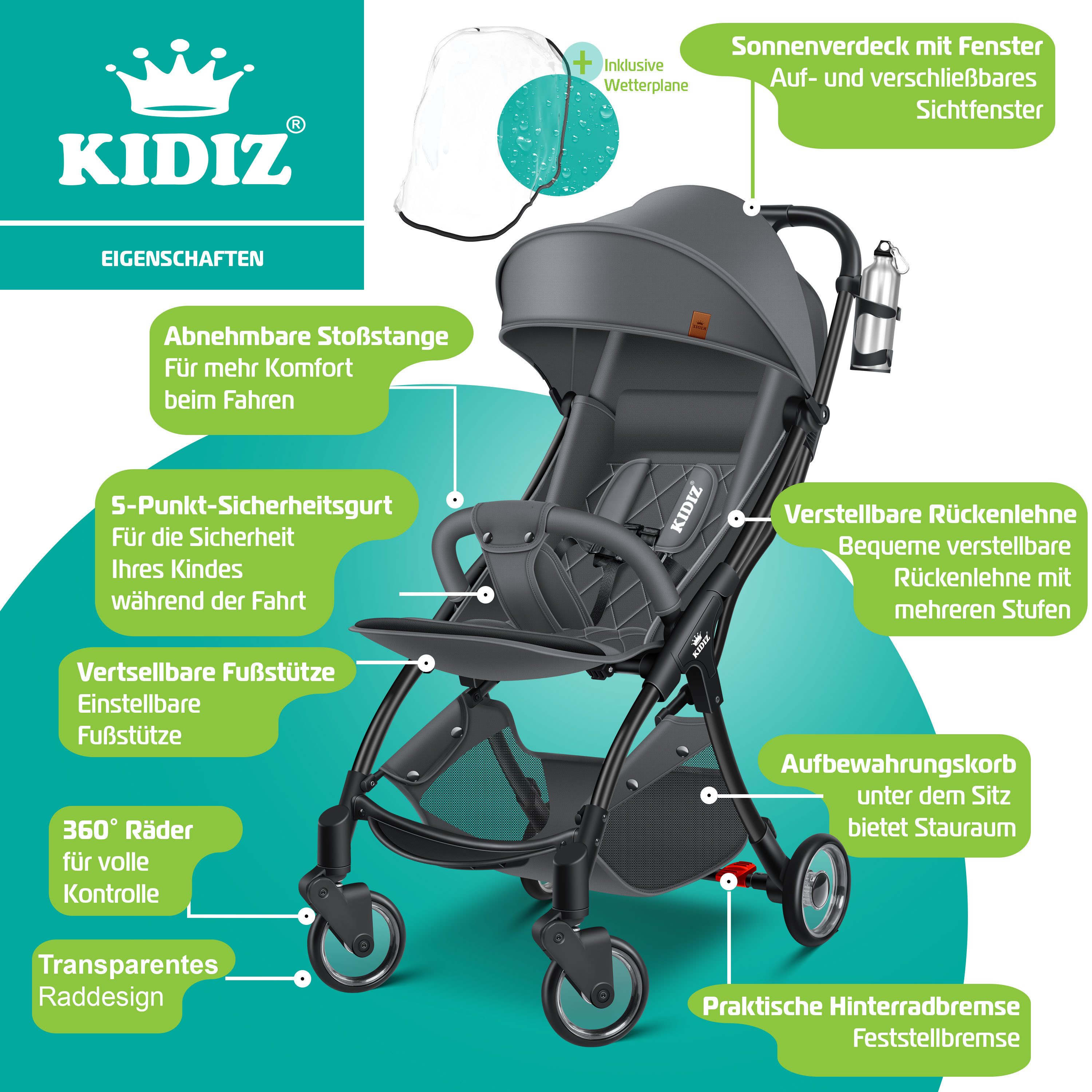 KIDIZ Kombi-Kinderwagen Sportwagen Faltbar, Buggy mit verstellbaren Rückenlehnen & 360° Räder, (Kinderbuggy Inkl. Getränkehalter, Regenabdeckung & Sonnenverdeck), Liegebuggy mit 5-Punkt Gurt & Abnehmbare Stoßstange