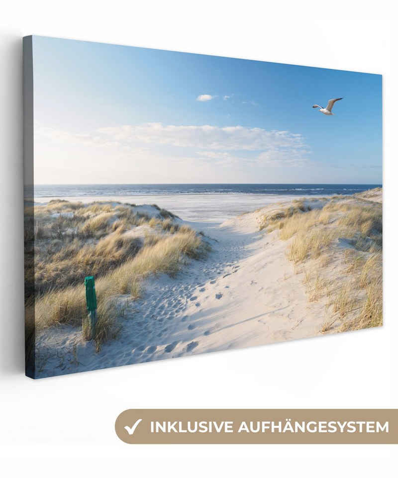 OneMillionCanvasses® Leinwandbild Düne - Möwe - Strand - Meer - Sonne, (1 St), Wandbild Leinwandbilder, Aufhängefertig, Wanddeko, 30x20 cm