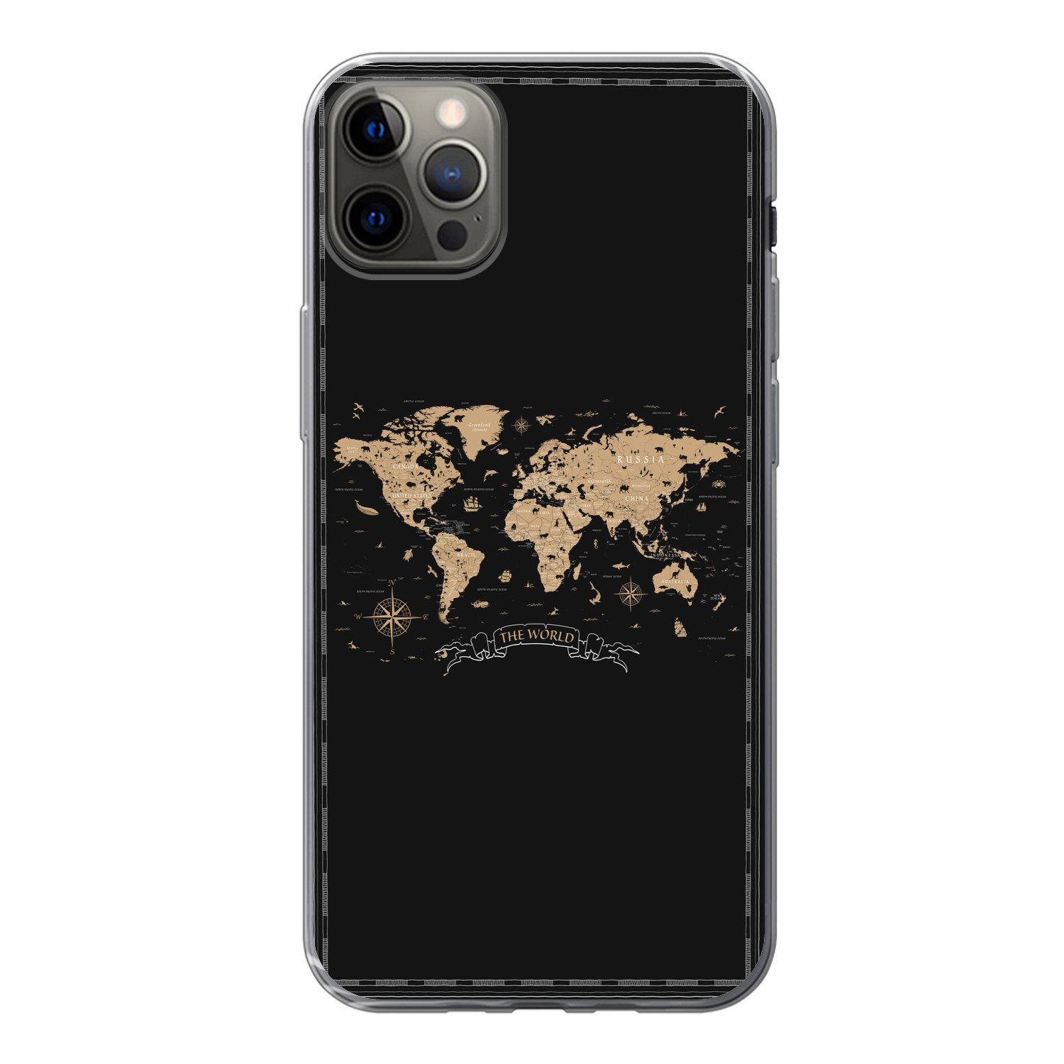 MuchoWow Handyhülle für Apple iPhone 13 Pro Max Weltkarte - Beige - Schwarz, Smartphone-Bumper, Print, Handy Schutzhülle Dünn