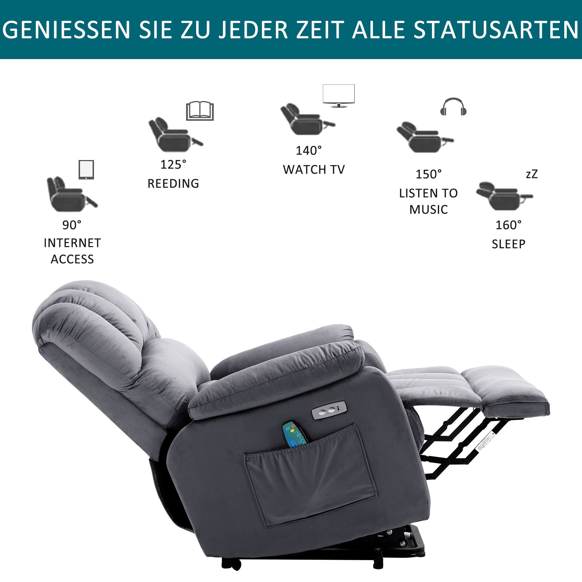 Odikalo Fernsehsessel & Liege Wärmefunktion Relaxsessel Ruhesessel Massagesessel Grau/Rot