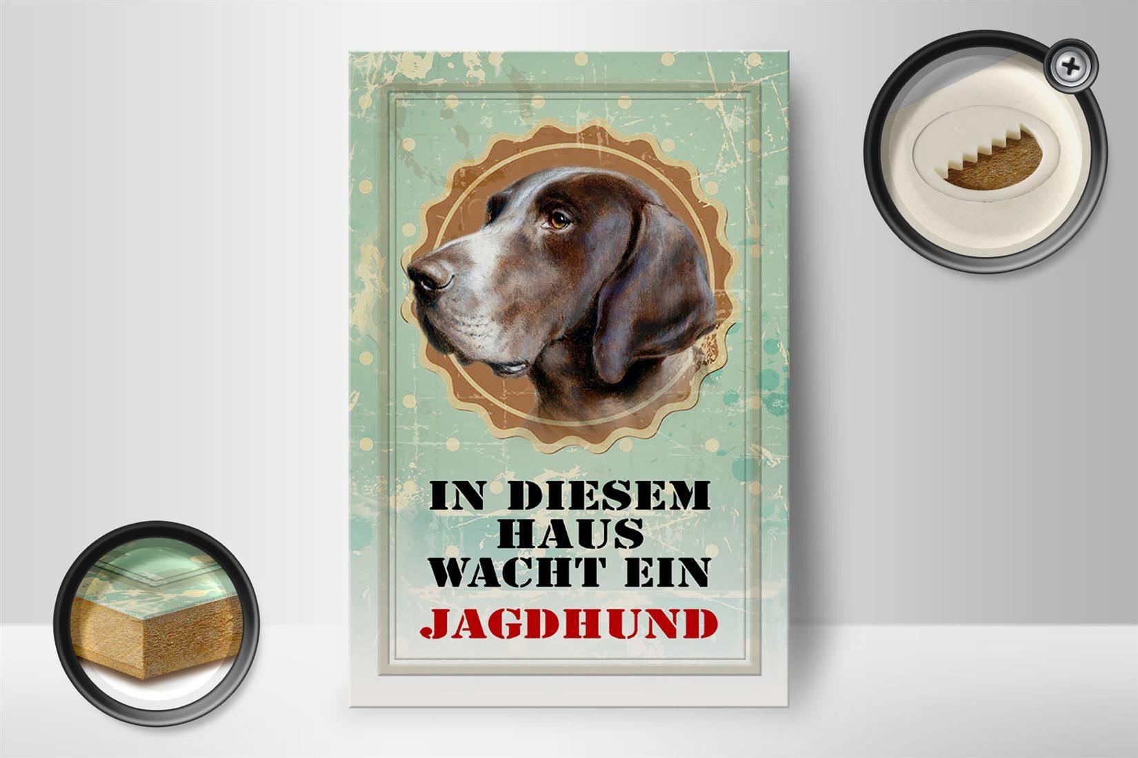 Femer GmbH Holzbild Hund 12x18 cm in diesem Haus wacht ein Jagdhund, (1 St), Glatte Holzfaserplatte (MDF), vorn beschichtet