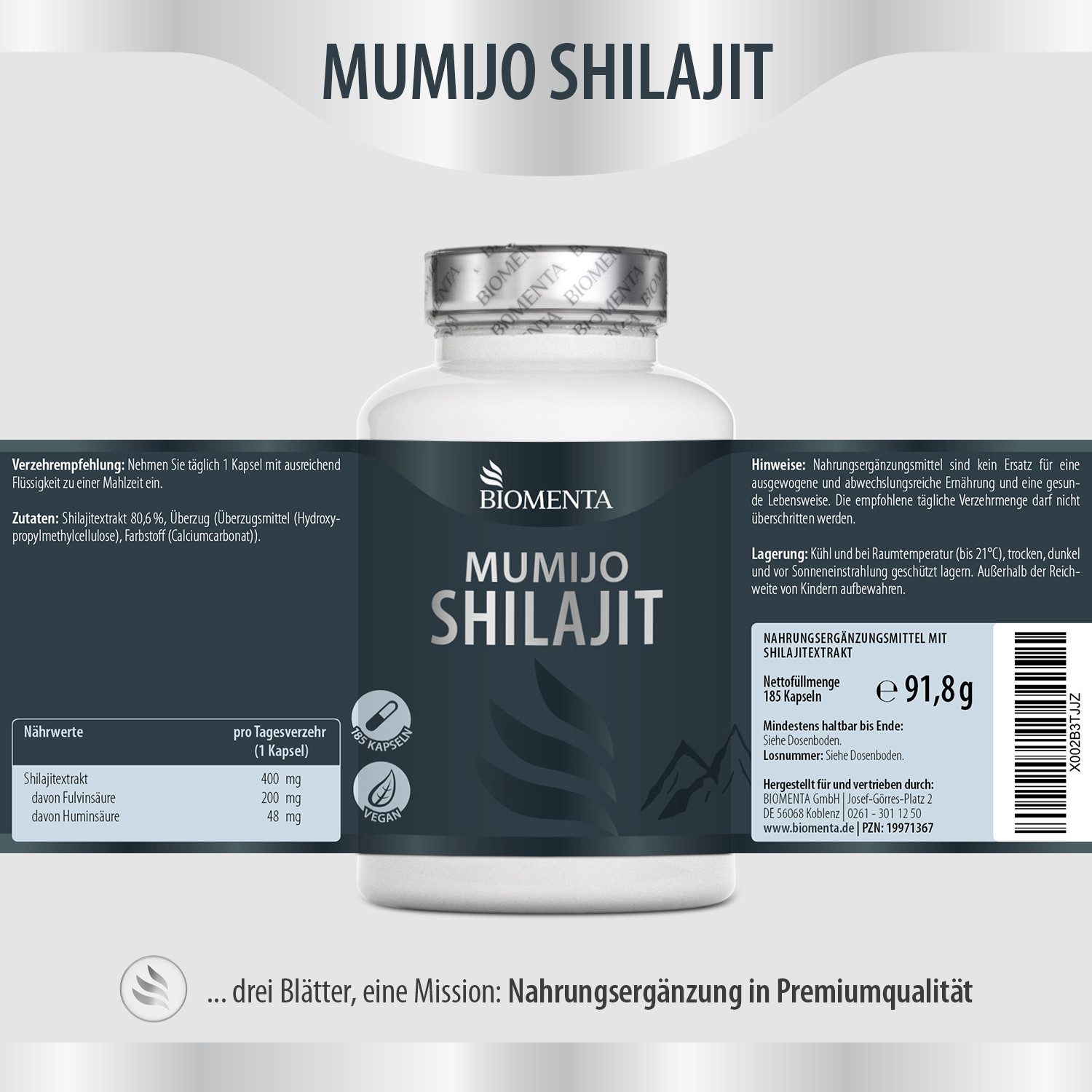 BIOMENTA Mumijo Shilajit - 185 Kapseln hochdosiert - Fulvinsäure + Huminsäure Kapseln, 185 er 120 St., 91.8 g
