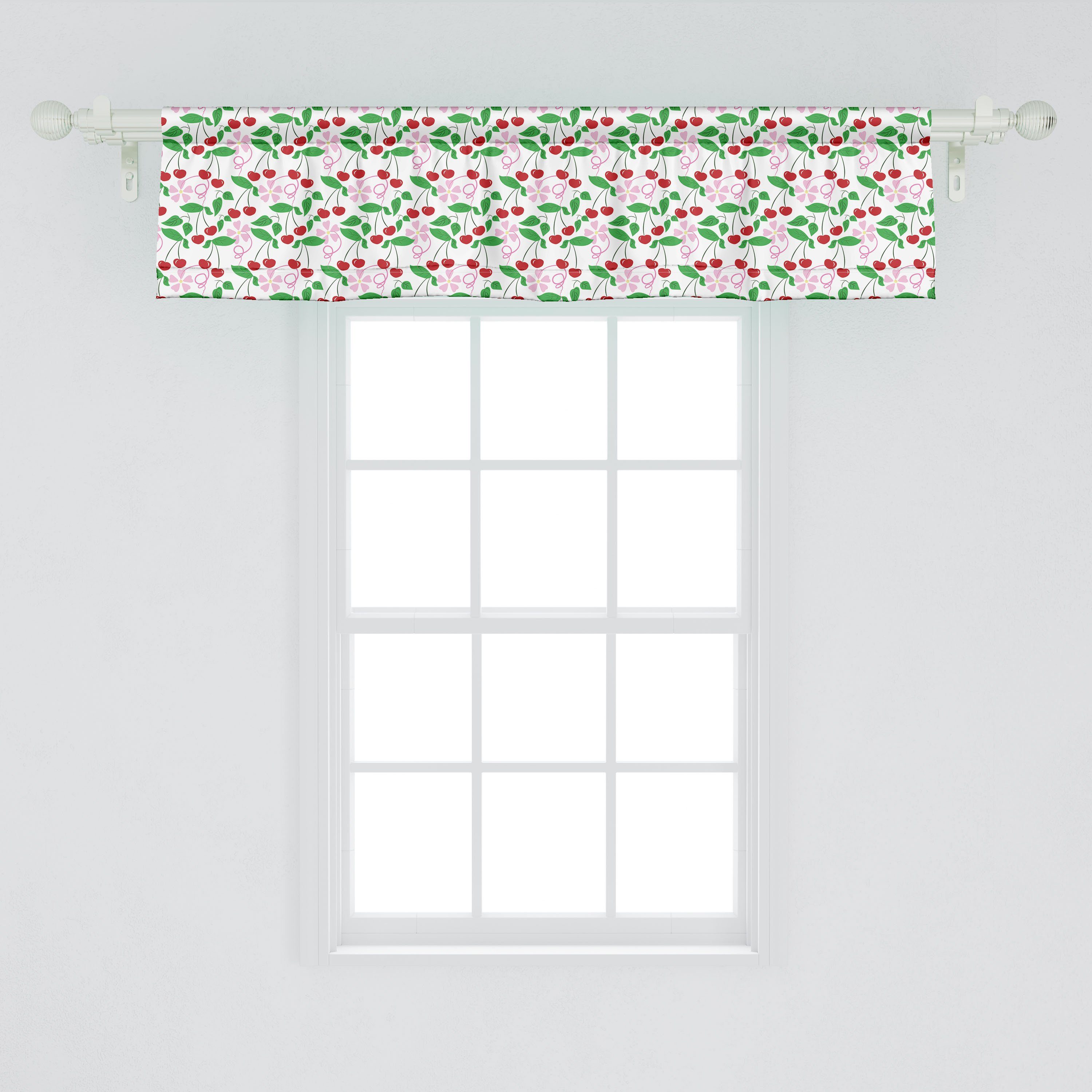 Microfaser, Abakuhaus, und Volant Dekor Sommer Scheibengardine für Küche mit Stangentasche, Schlafzimmer Blumen Kirschen Vorhang