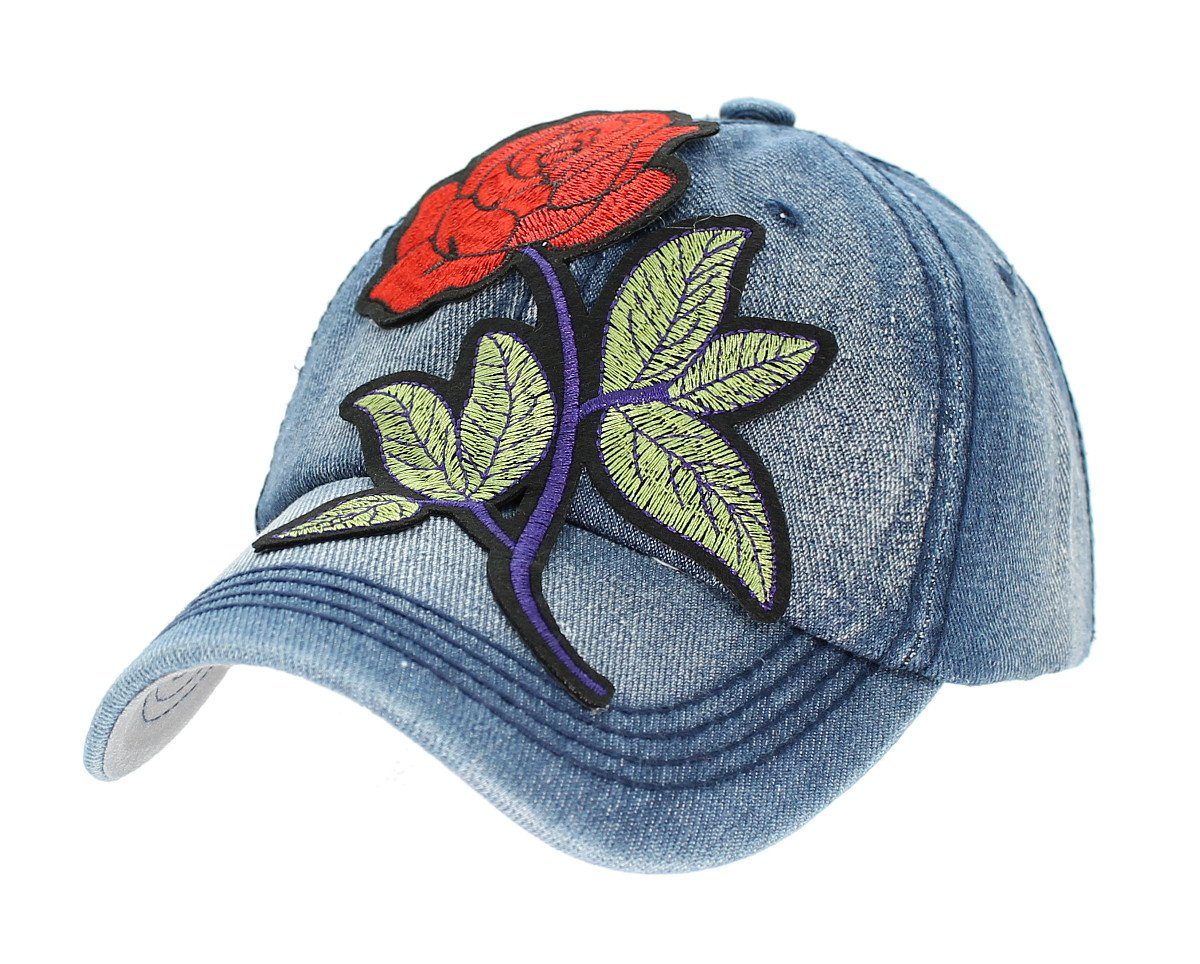 dy_mode Baseball Cap Damen Baseball Cap Mütze Kappe mit Blumen Aufnäher Schirmmütze K005-Hellblau