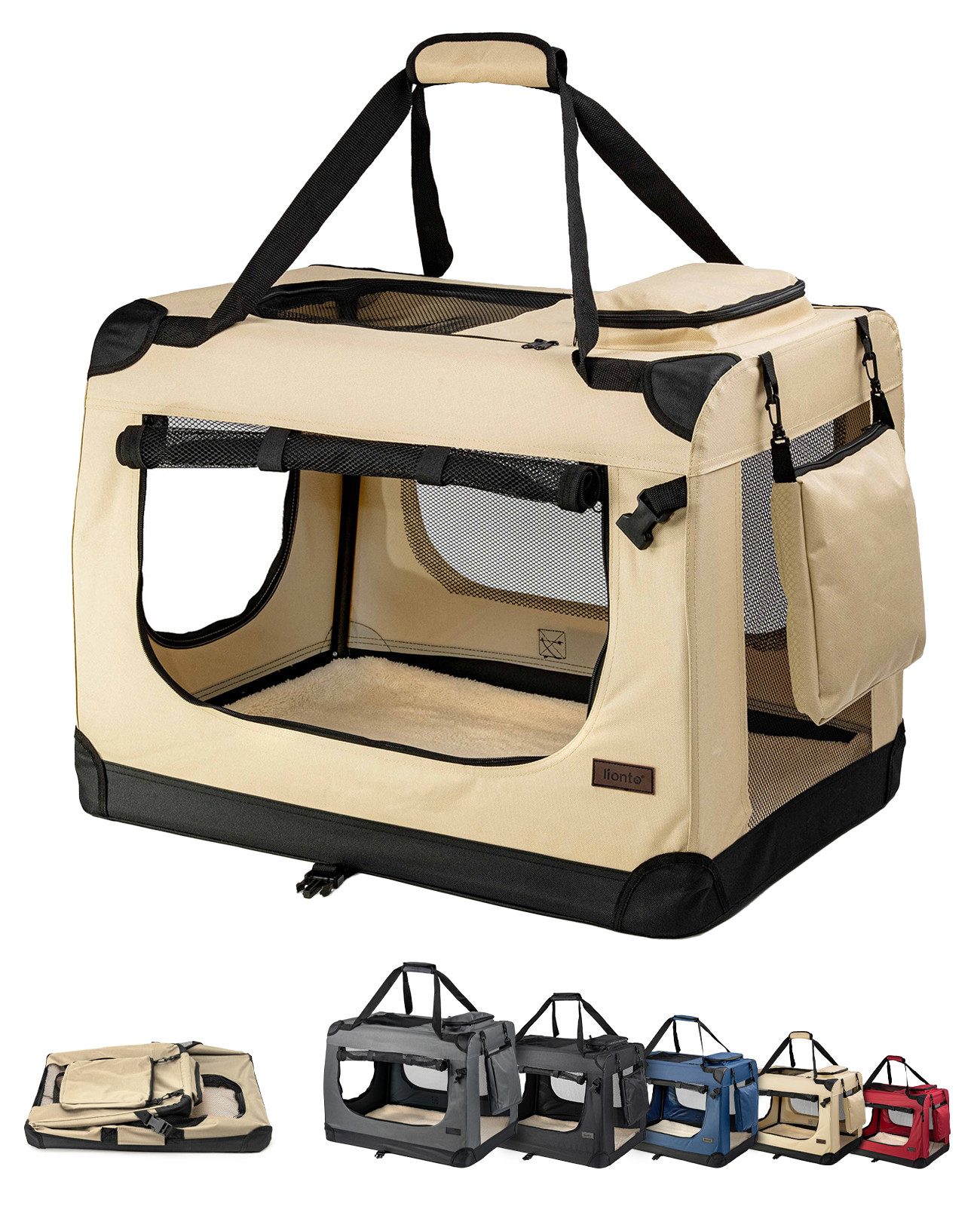 lionto Tiertransportbox für Katzen, leicht und komfortabel aus Textil bis 12 kg, 60x42x44 cm, beige