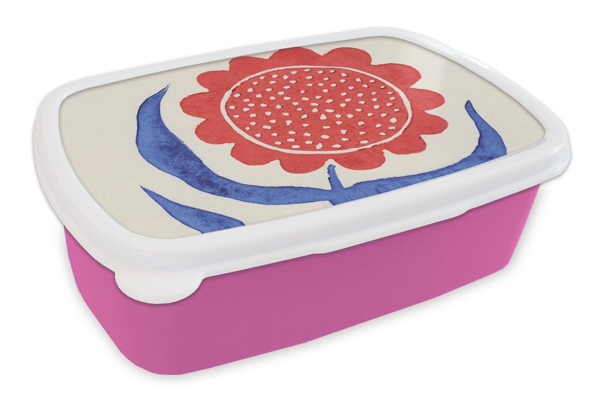 MuchoWow Lunchbox Blume - Pflanze - Rot - Blau, Kunststoff, (2-tlg), Brotbox für Erwachsene, Brotdose Kinder, Snackbox, Mädchen, Kunststoff rosa