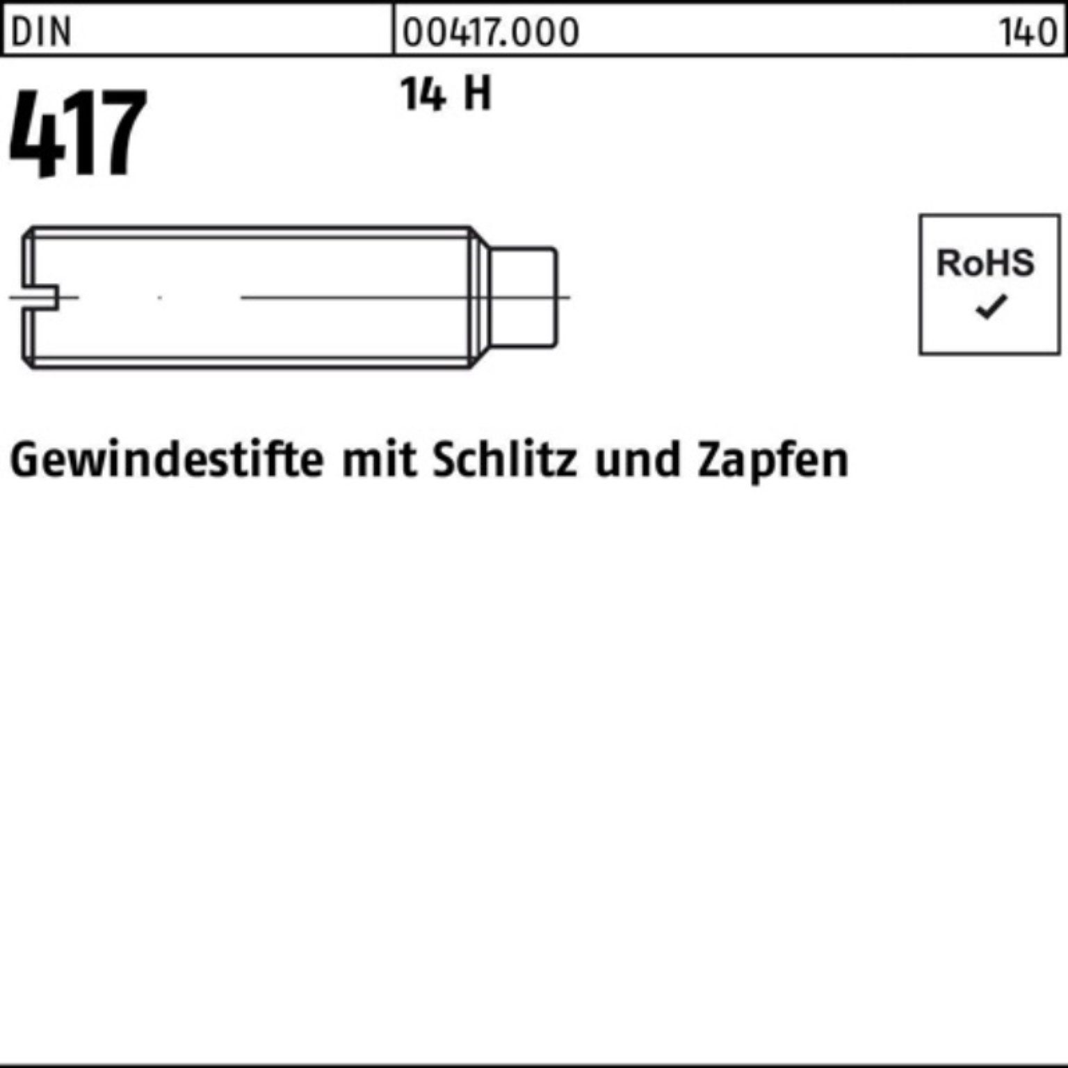 100er H Gewindestift 417/ISO DIN Schlitz/Zapfen 5 40 Reyher 7435 Gewindebolzen Pack 14 M12x