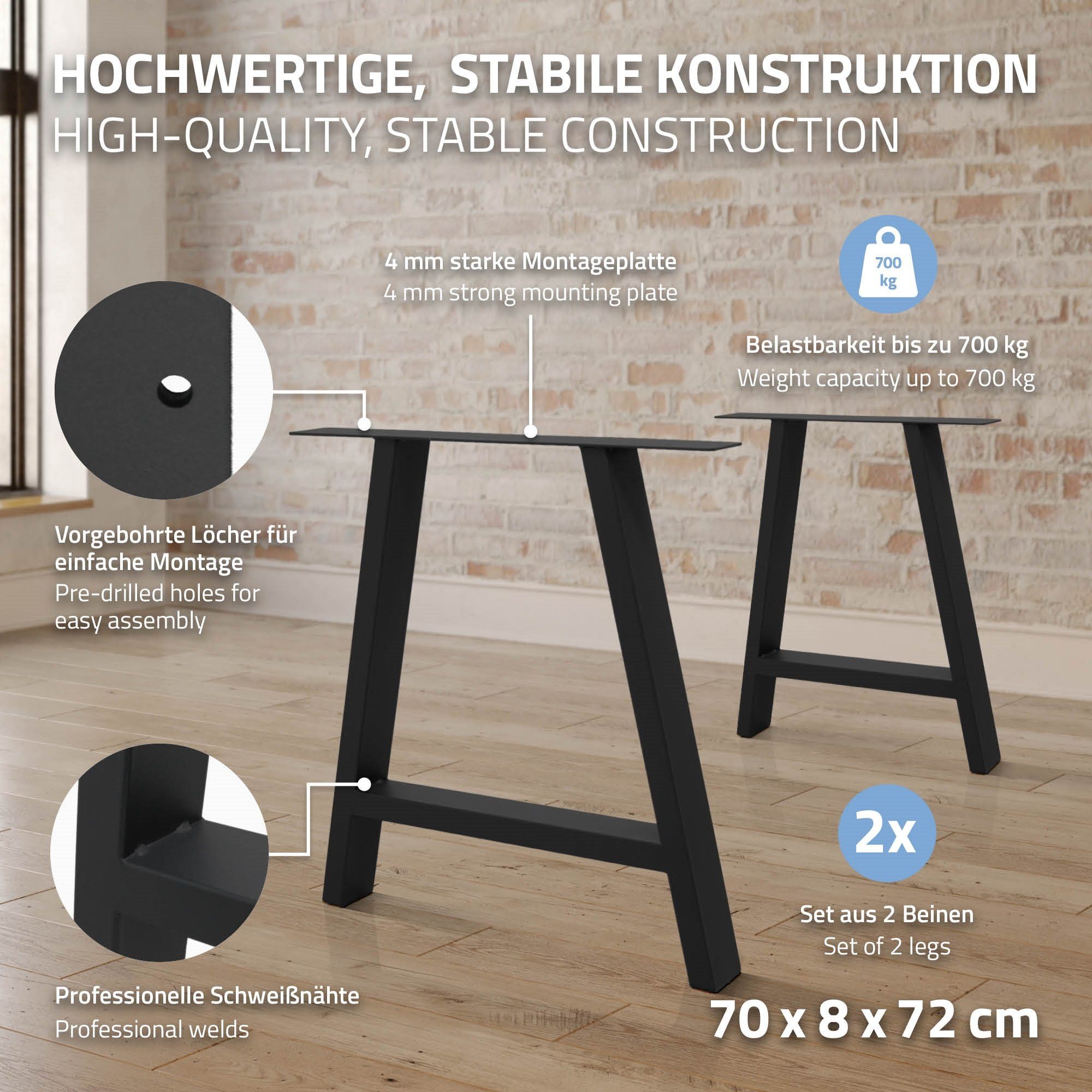 Tischuntergestell Möbelfüße, Tischbein Dunkelgrau ECD Industriedesign Stahl Set 70x72cm 2er Germany Tischkufen A-Design A-Form Tischgestell