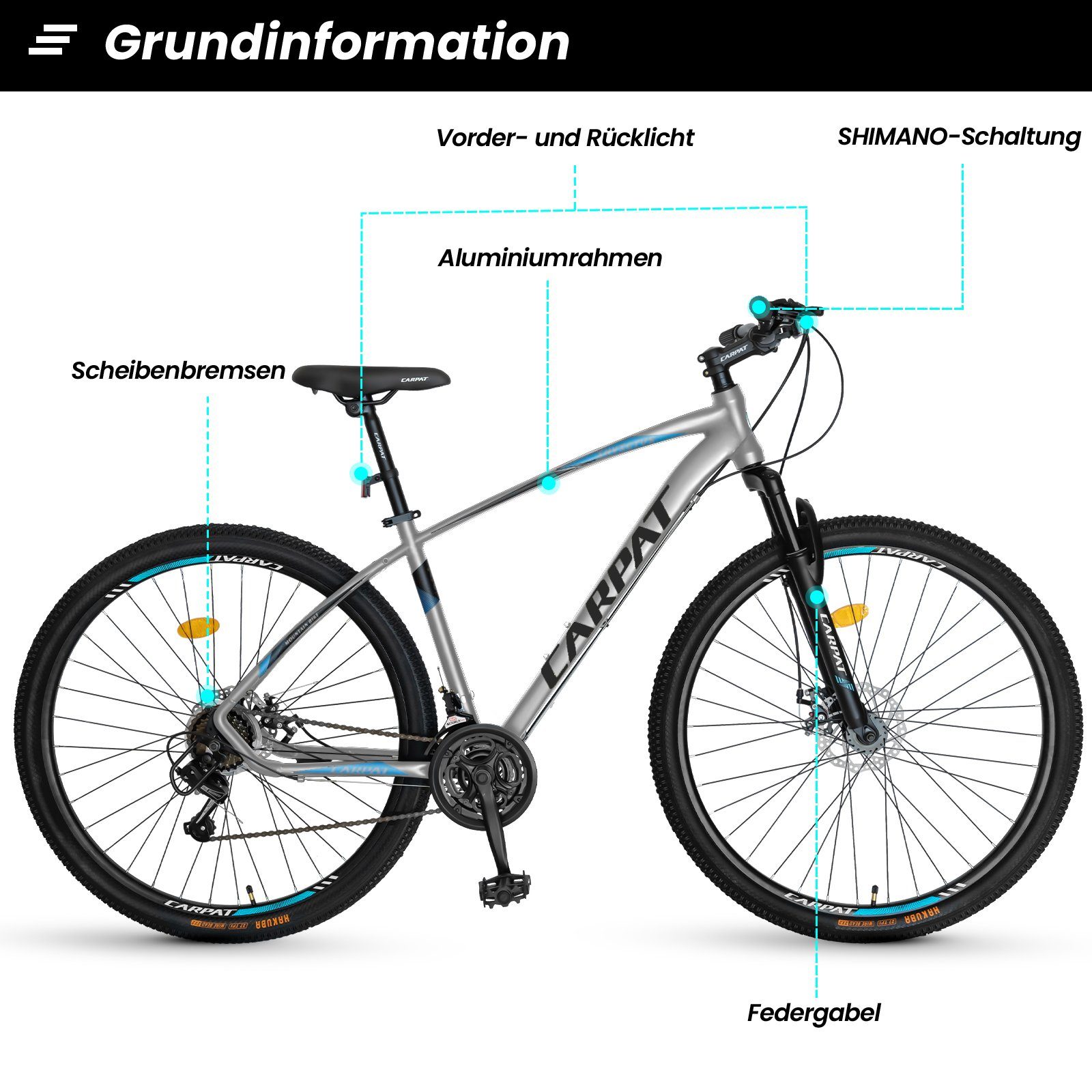 Mountainbike Scheibenbremse, Fahrrad, Jungen, Gang (Alu-Rahmen, Zoll für Herren, Set), Shimano, 29 Kettenschaltung, Hardtail Alu-Rahmen Jugendfahrrad MTB SPORT Grau/Blau Pro Damen, Mädchen 21 26 CARPAT und mechanisch