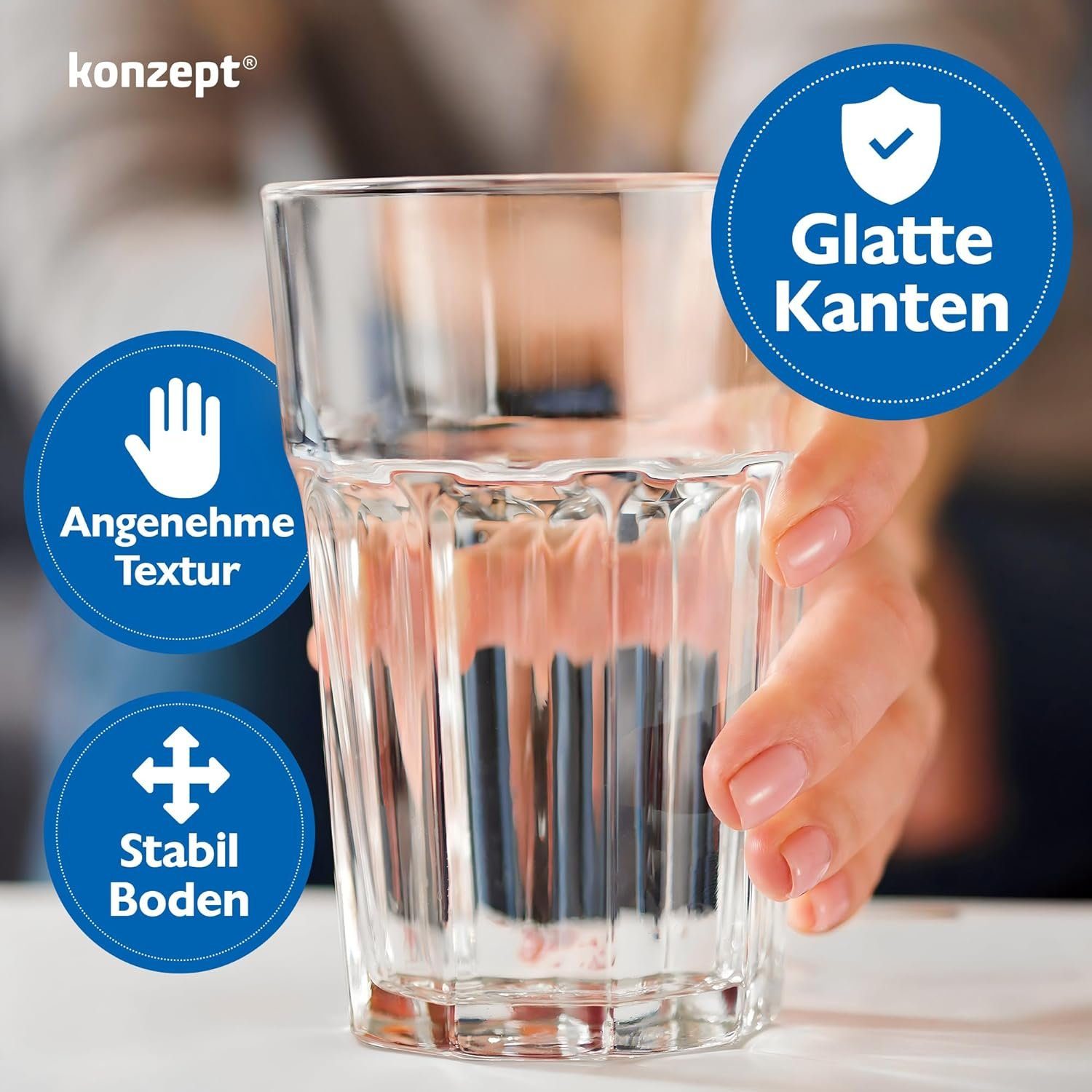 KONZEPT Gläser-Set Wassergläser Set 6-teilig, Große Gläser, 410ml, Trinkgläser Set, - ideal für Saft, Eiskaffee Cocktails, Latte Macchiato