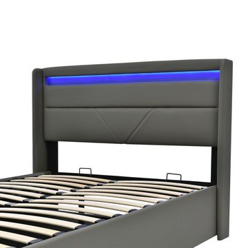 WISHDOR Polsterbett Doppelbett Funktionsbet Stauraumbett Bett (140x200cm Mit Matratze), mit LED-Beleuchtungsleist, Hydraulisch