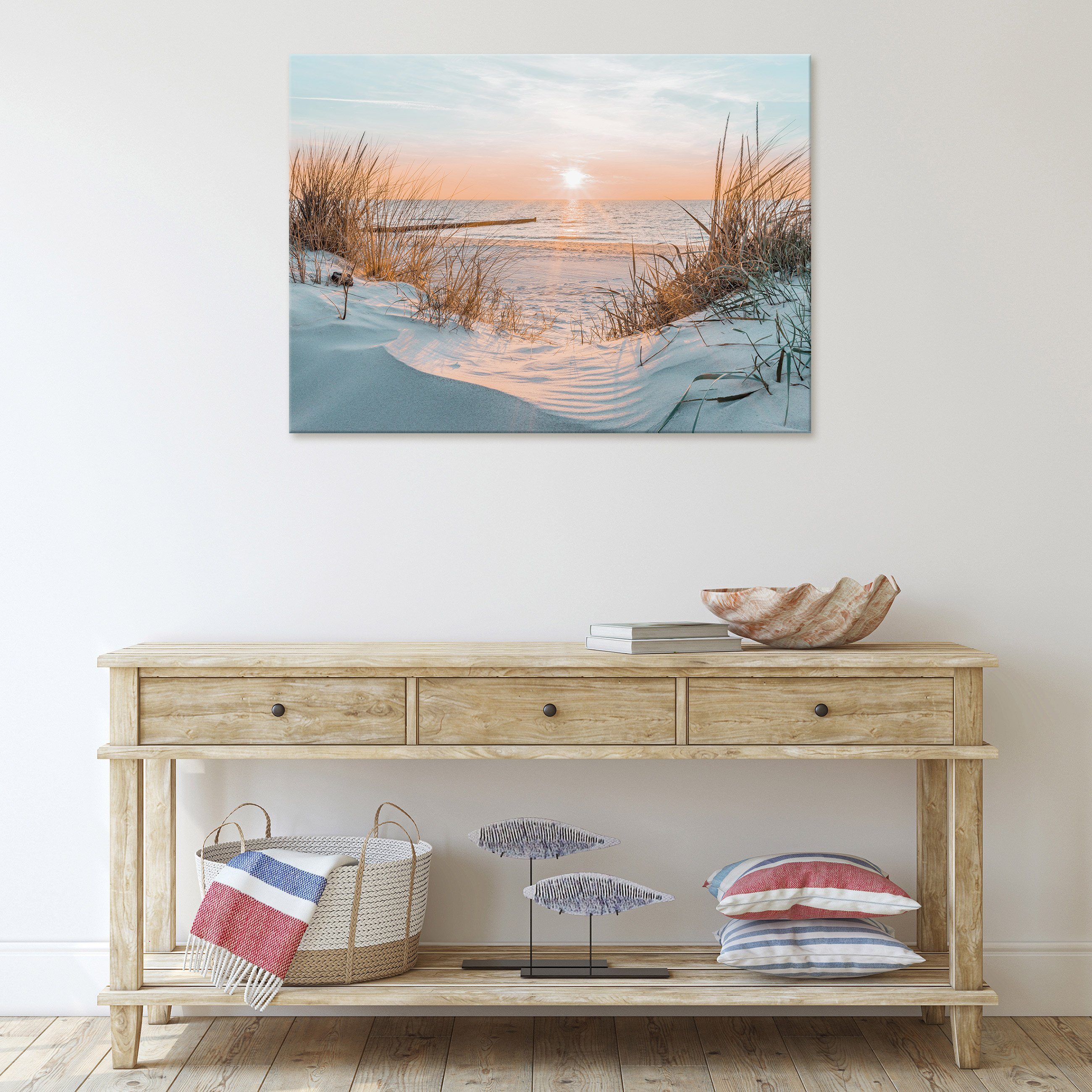 Wallarena Leinwandbild Strand Meer Leinwand Aufhängefertig für Natur Wohnzimmer Bilder XXL Sonne Leinwandbilder Schlafzimmer, Kunstdruck Wandbild Bild (Einteilig), Modern Wandbilder Canvas Auf Groß Landschaft