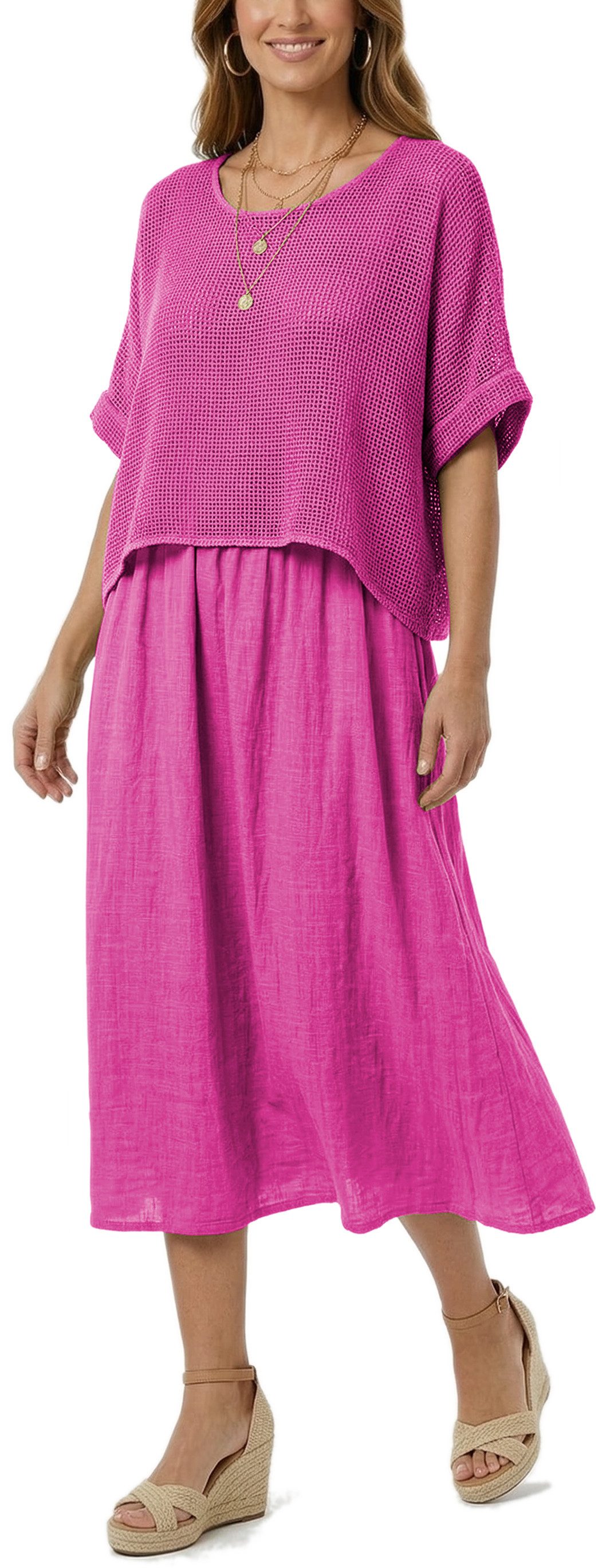 dy_mode Sommerkleid Damen Sommerkleid Midikleid in Zweiteiler-Optik Lagenlook Kleid in Unifarben, Zweiteiler-Optik
